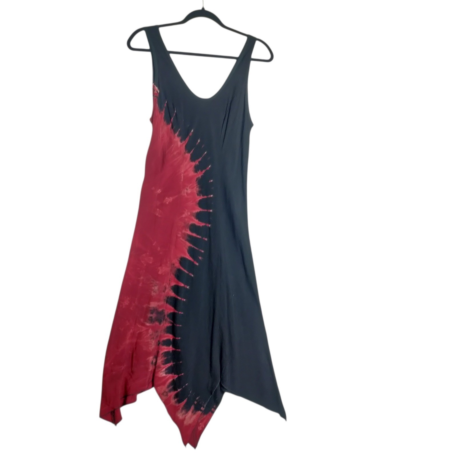 Sew it Seams Tie Dye Maxi Dress Womens Medium Black Red Rayon Handkerchief Hem