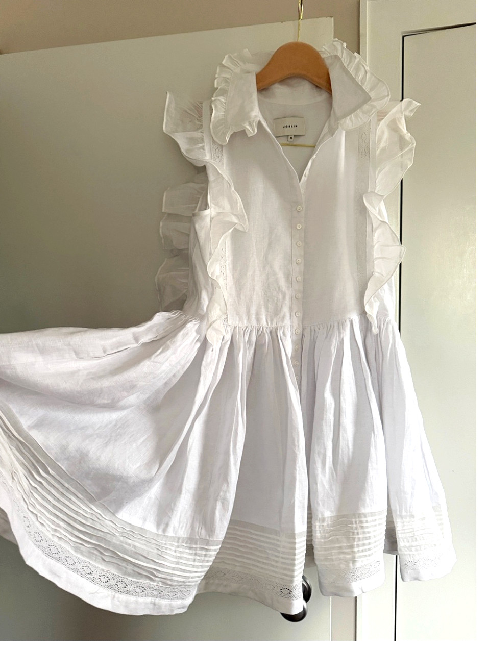 JOSLIN Millicent White Lace Ruffled Linen-Batiste Mini Shirt Dress Size:10 US 6