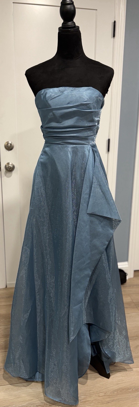 Donna Karan Strapless Pleated A-Line Gown NWT Size 4 Blue Metallic Split
