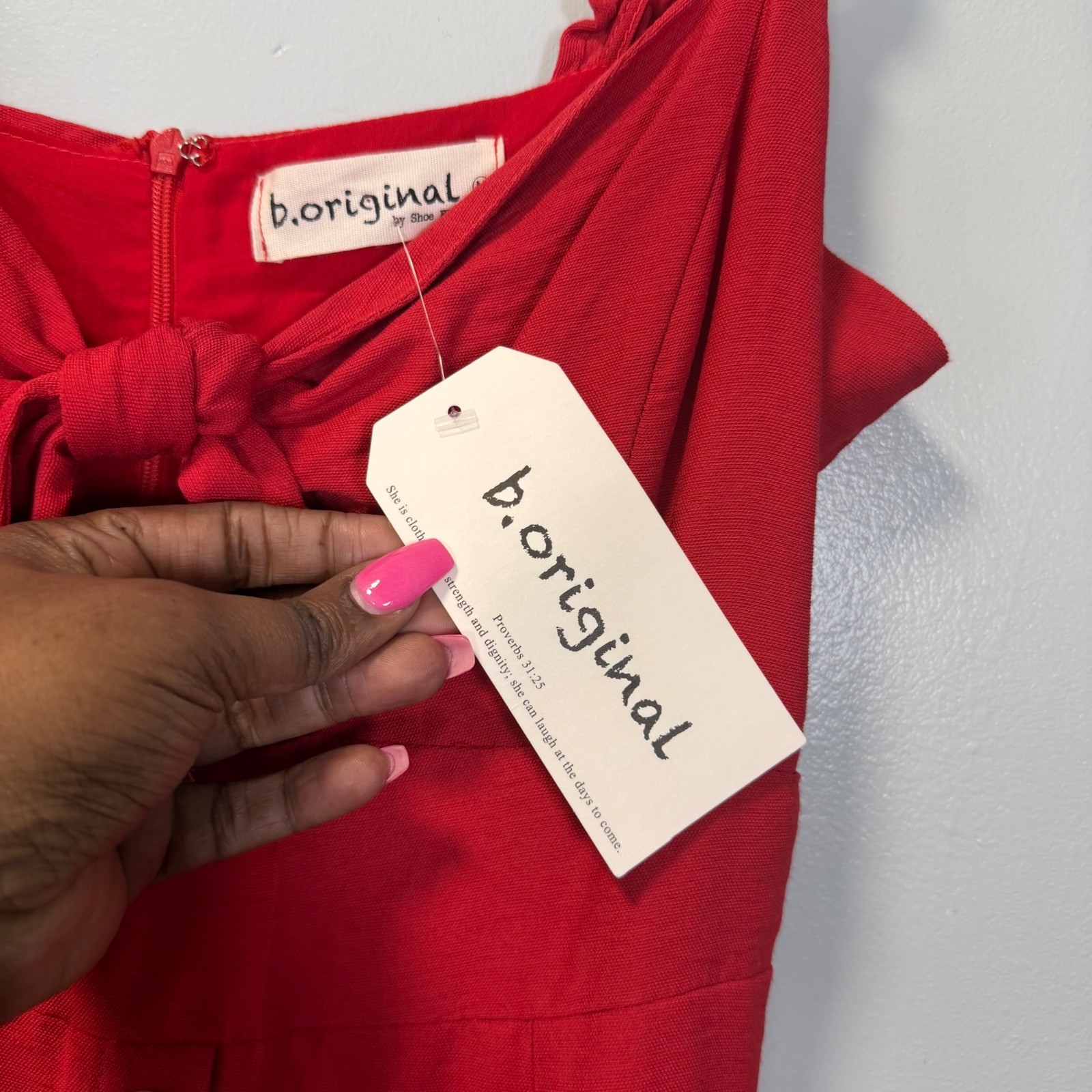 B.Original Red Tie Front Keyhole Midi Dress Ruffle Strap Button Womens M NWT