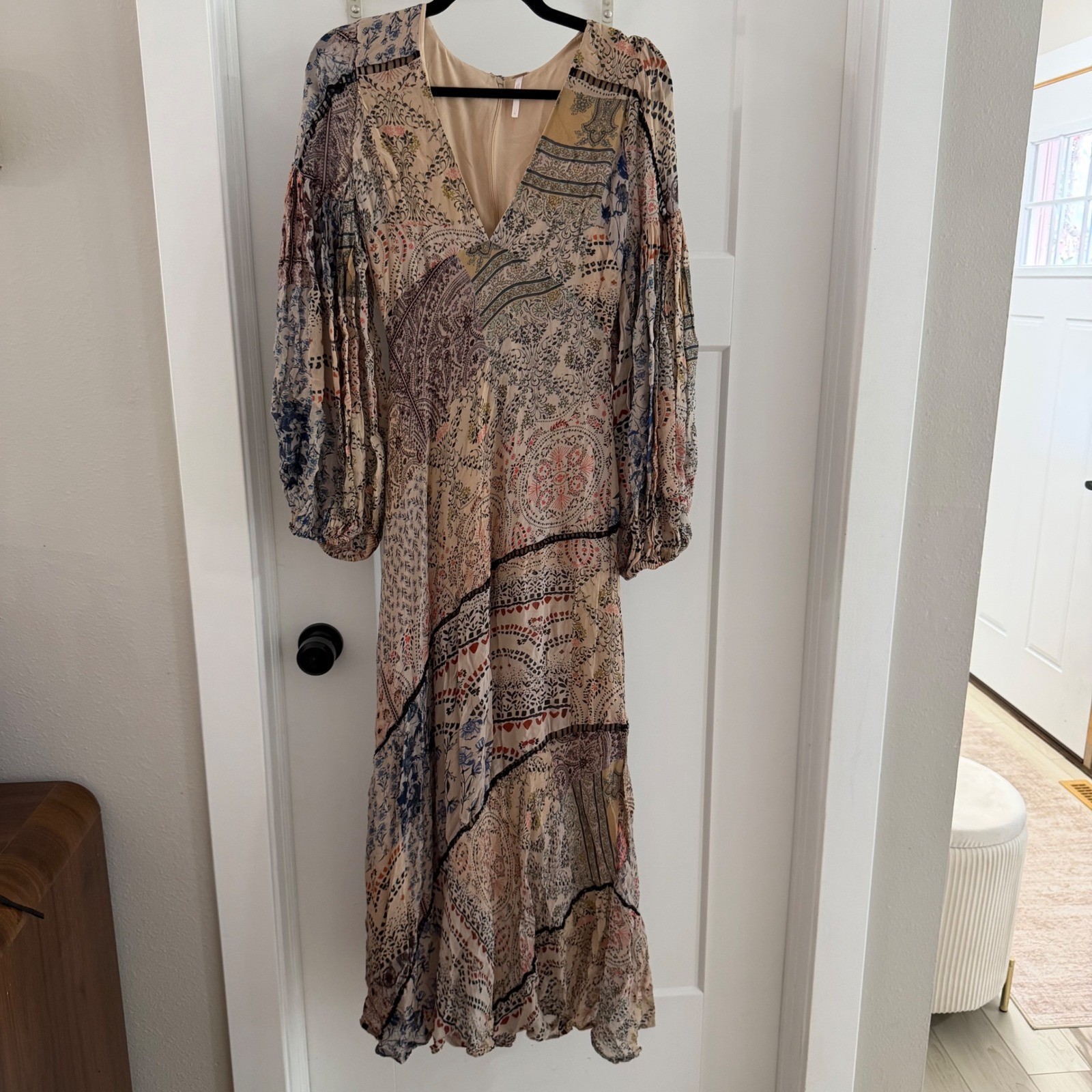 Free People Moroccan Dream Printed Maxi Dress Patchwork Boho V-Neck Size 4
