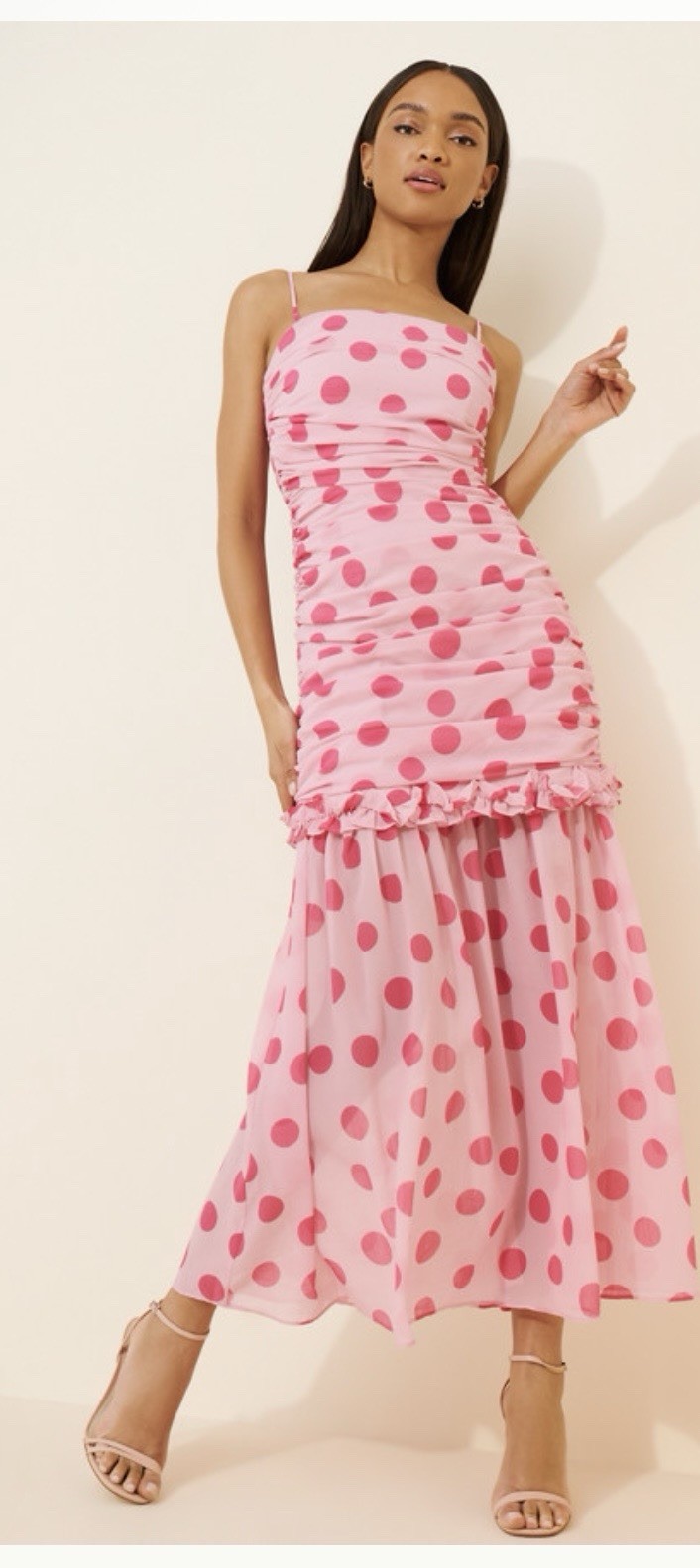 ELLIATT Pink Polka Dot Strapless Ruched Ruffle Smocked Midi Dress Size S