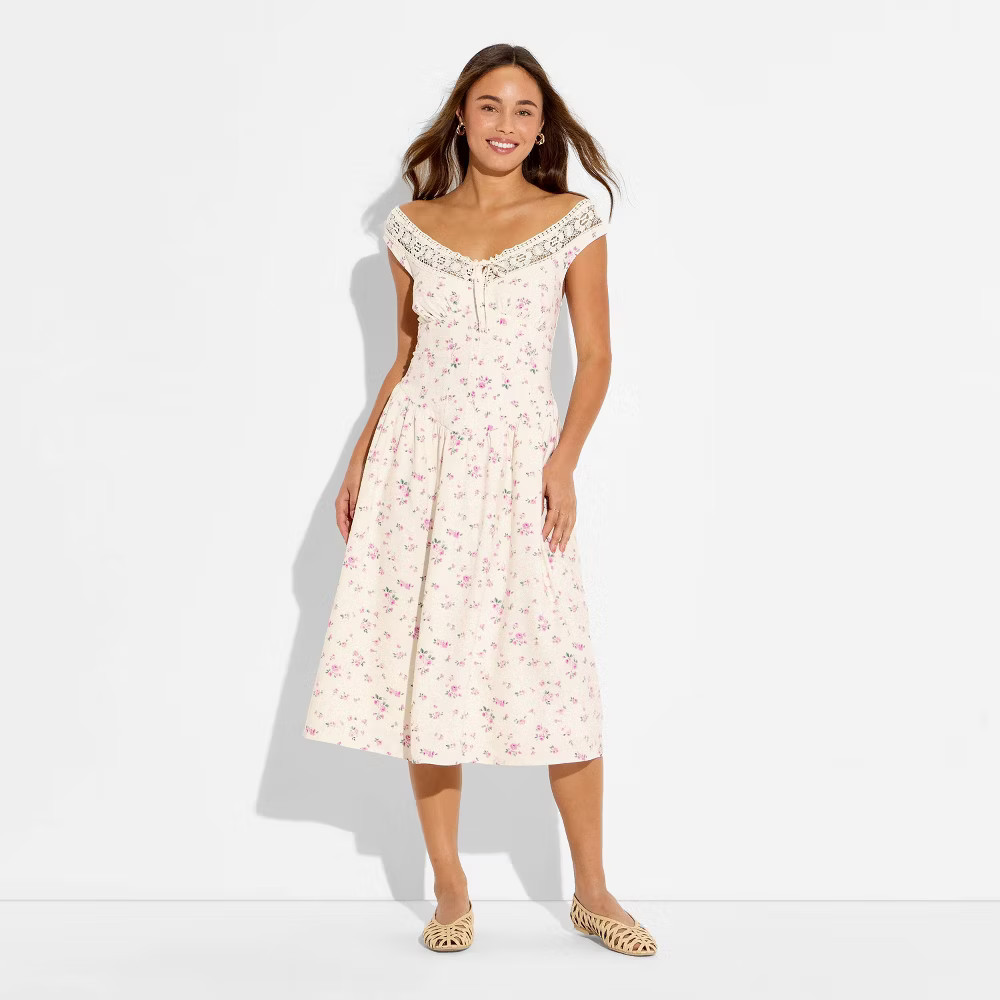 Women Button-Front Lace Midi Dress – Wild Fable Off-White Floral XL