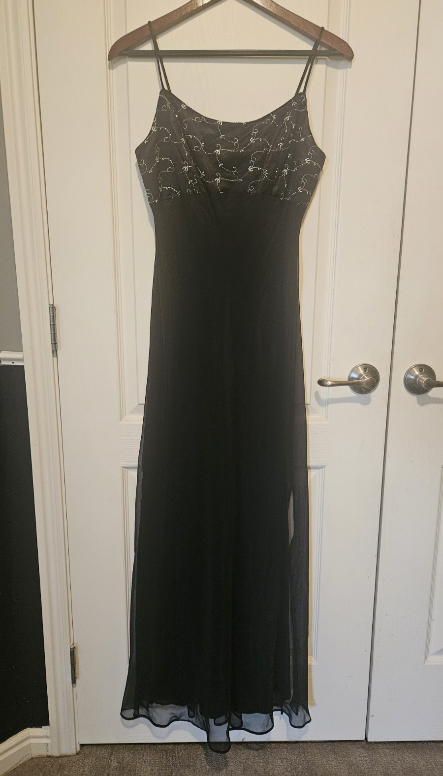 Vintage 90s Fiesta Black Beaded Chiffon Prom Dress Medium Y2K Spaghetti Strap