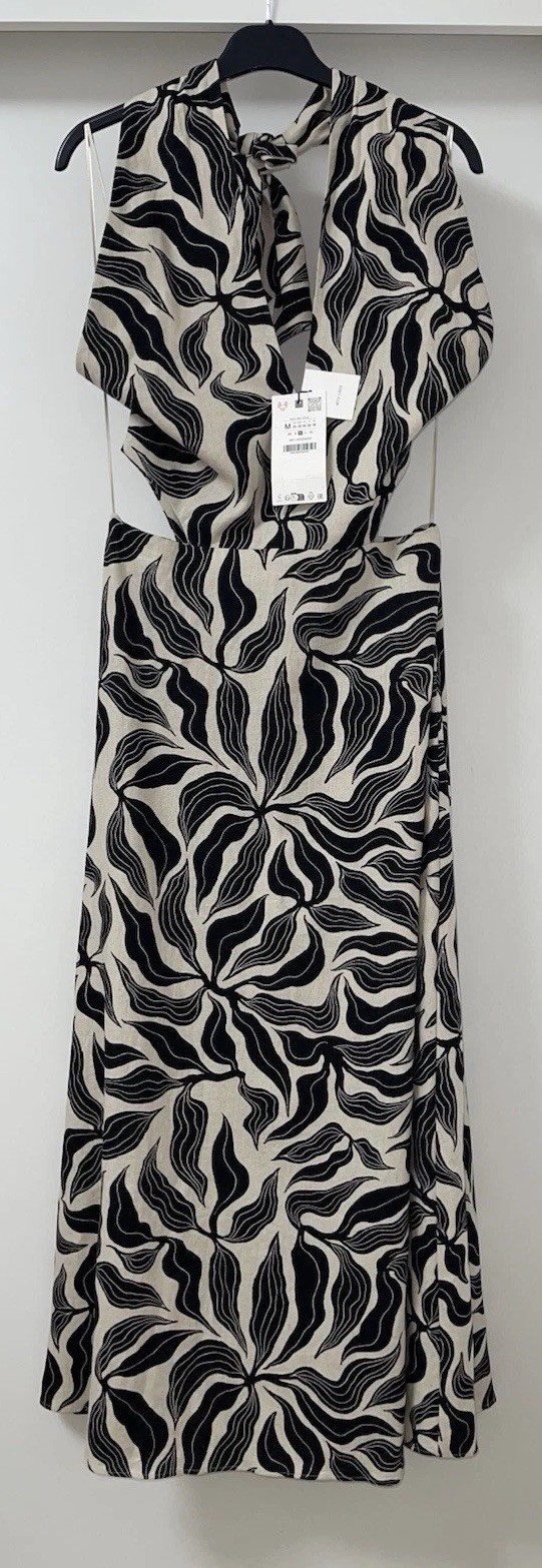 ZARA BLACK ECRU FLORAL PRINT CUT-OUT OPEN BACK HALTER NECK MIDI DRESS SIZE M NEW