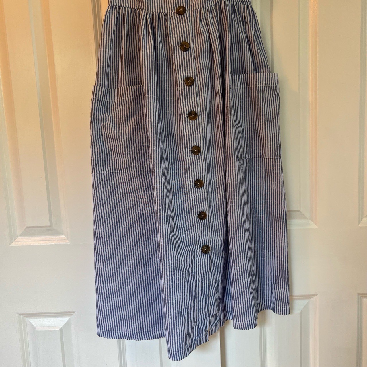 Slide Show Blue White Pinstripe Cottagecore Button Front Midi Dress Size 12