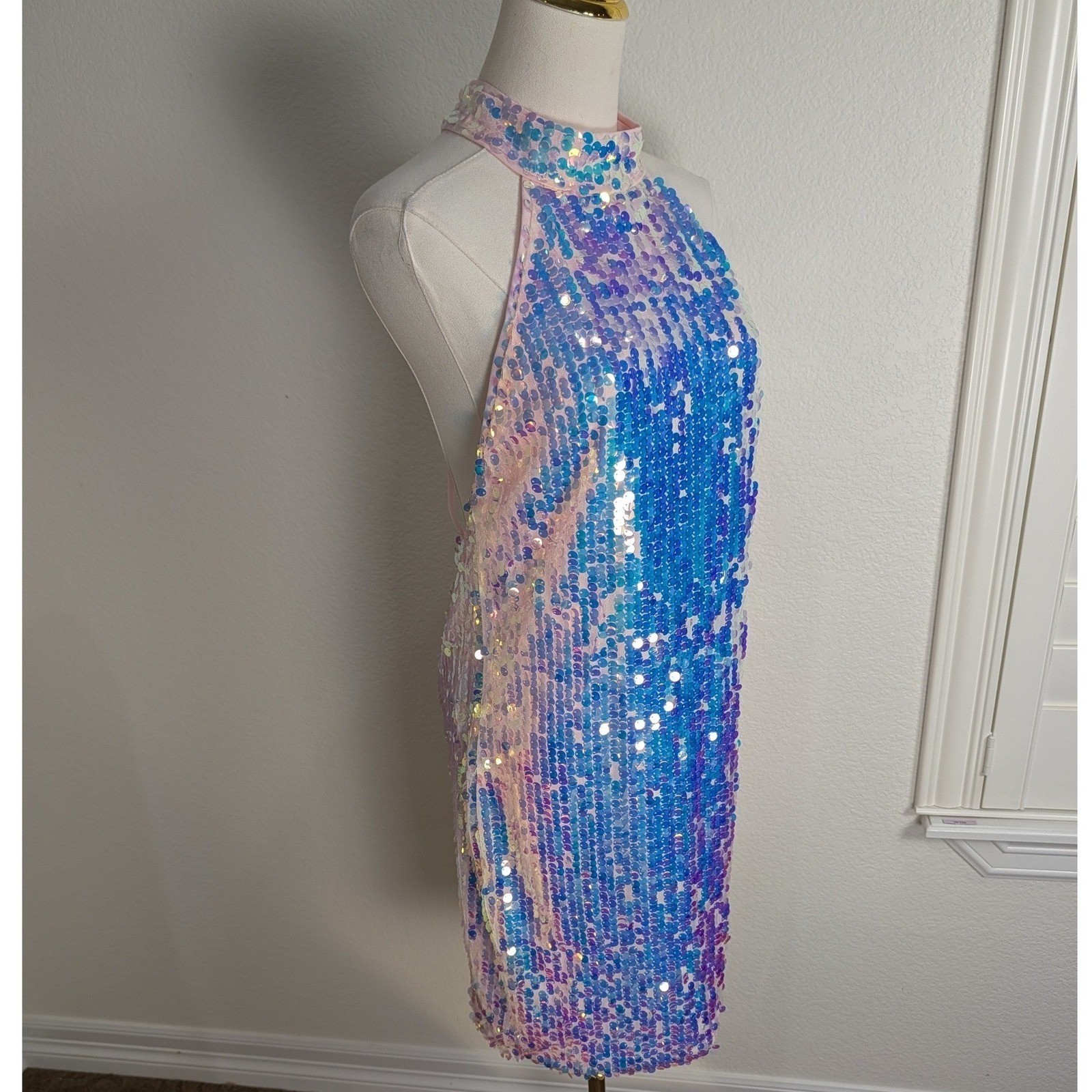 Altar’d State Opal Sequin Mini Dress L Halter High Neck Iridescent Mermaid Party
