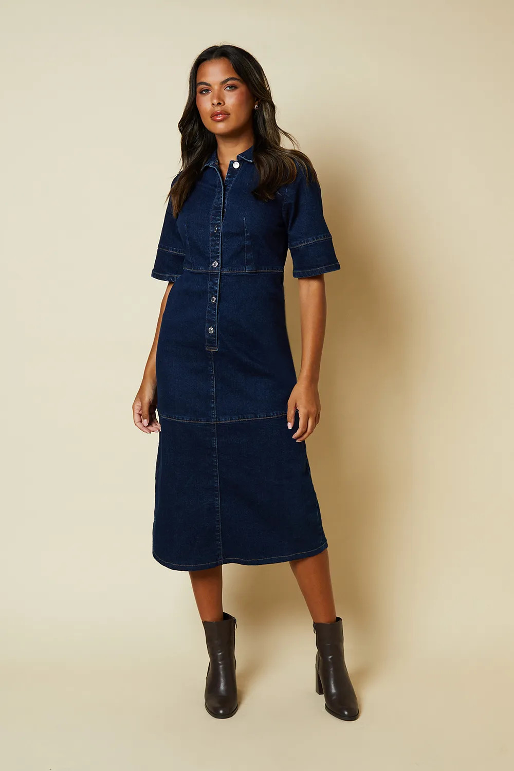 Dorothy Perkins Womens Denim Dress Collared Midi Casual Blue Long Sleeve