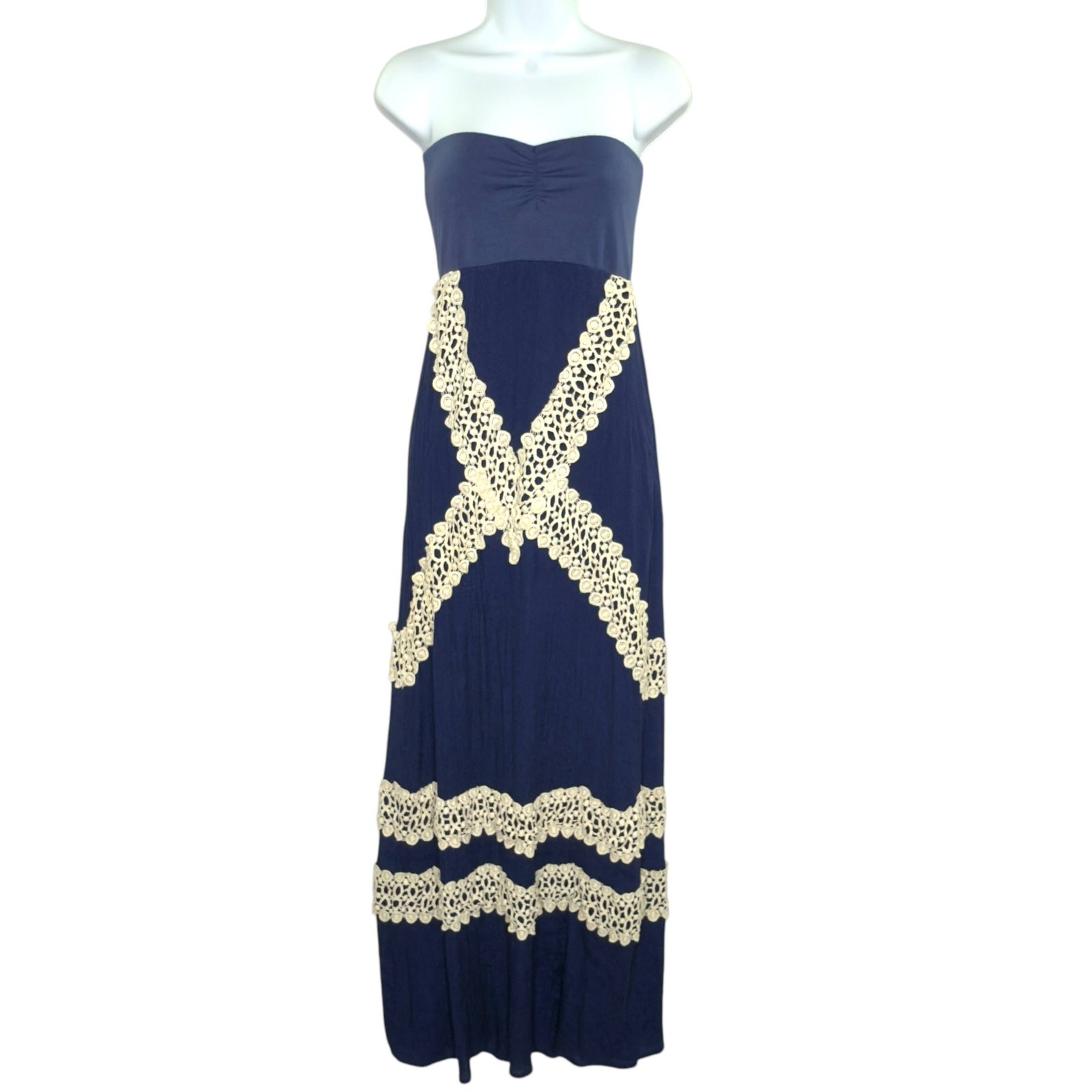 Judith March S Navy Blue Strapless Midi Dress Lace Appliqué Resort Hippie *flaw