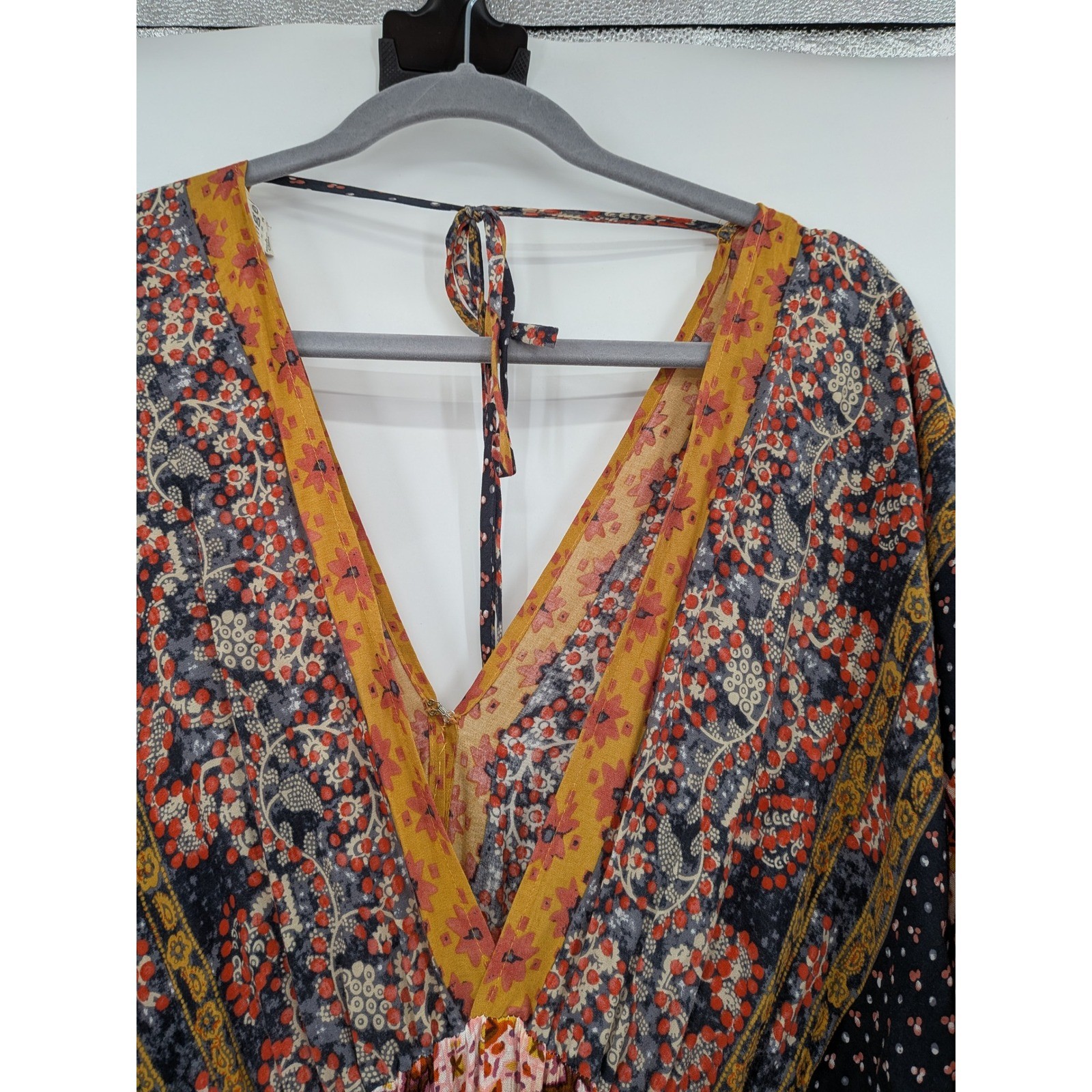 Boho Western Babydoll Umgee Patchwork Pink Multi Balloon Sleeve L Midi Dress