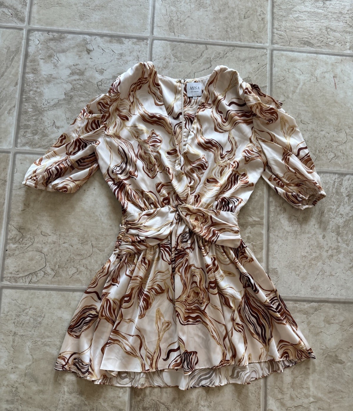 Misa Los Angeles Cream and Brown Marble Satin Mini Dress Women’s Small