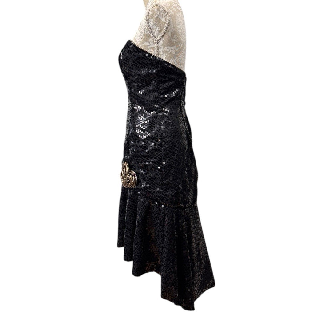 Vintage 80s Size 7/8 Black Sequins Gold Lame Hi Lo Mermaid Midi Dress Strapless