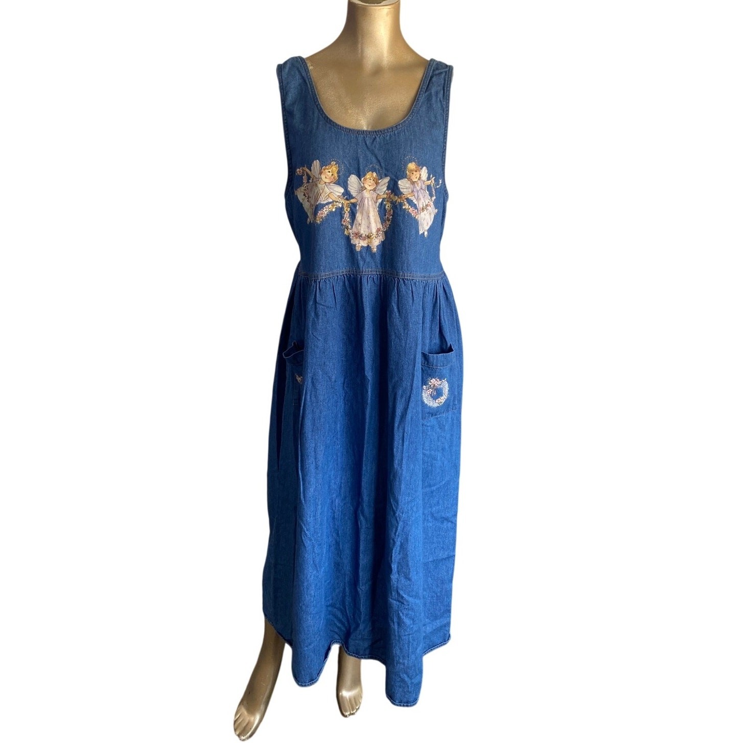Vtg JP Angela Dallas Denim Angel Jumper Dress L Cottagecore Midi Ankle USA