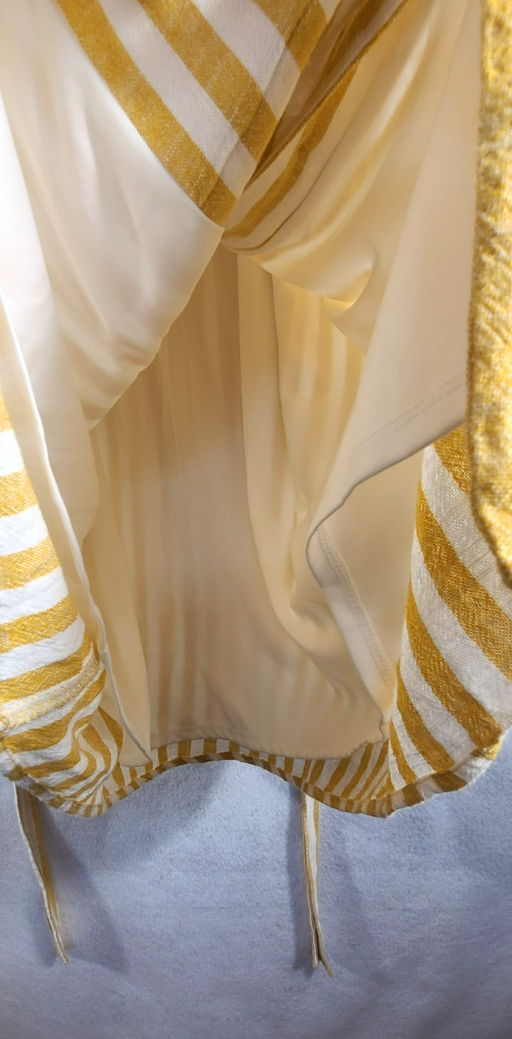 Lily Black Wrap Dress Midi Yellow White Stripe Lined Button Womans Size Large