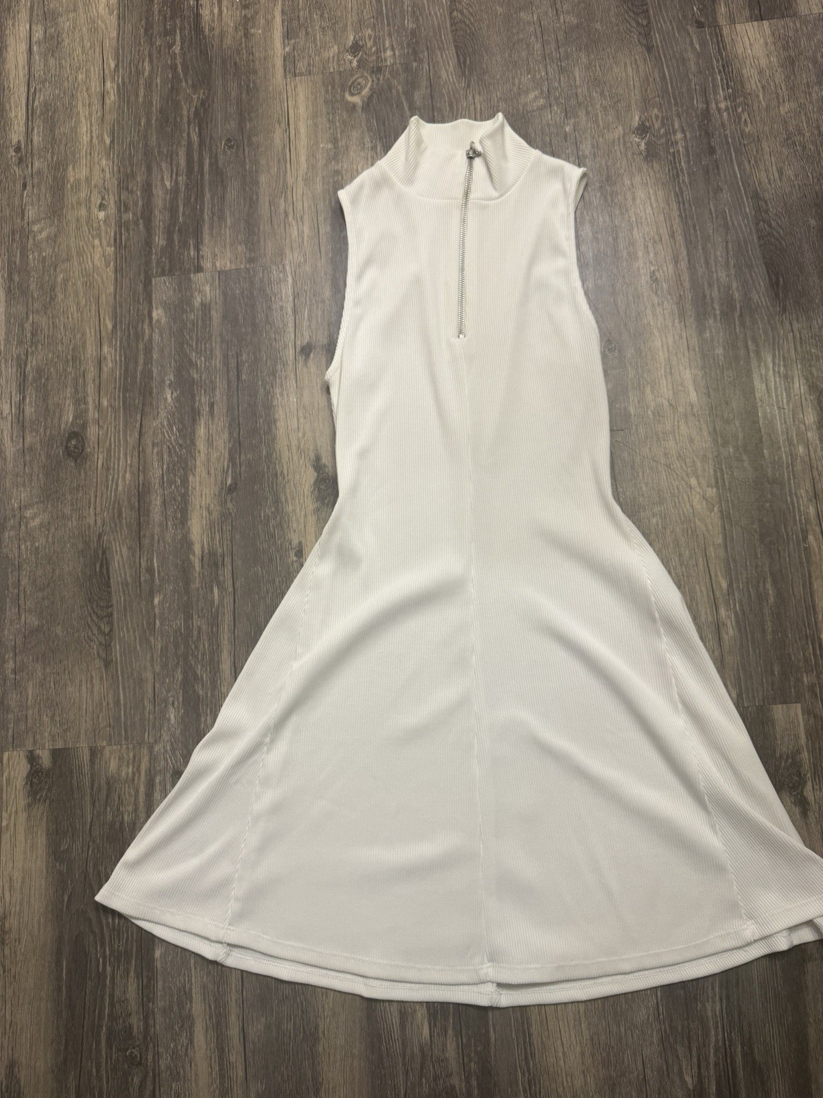 ZARA Women’s White Ribbed Mock Neck Zip Sleeveless Fit & Flare Midi Dress Small