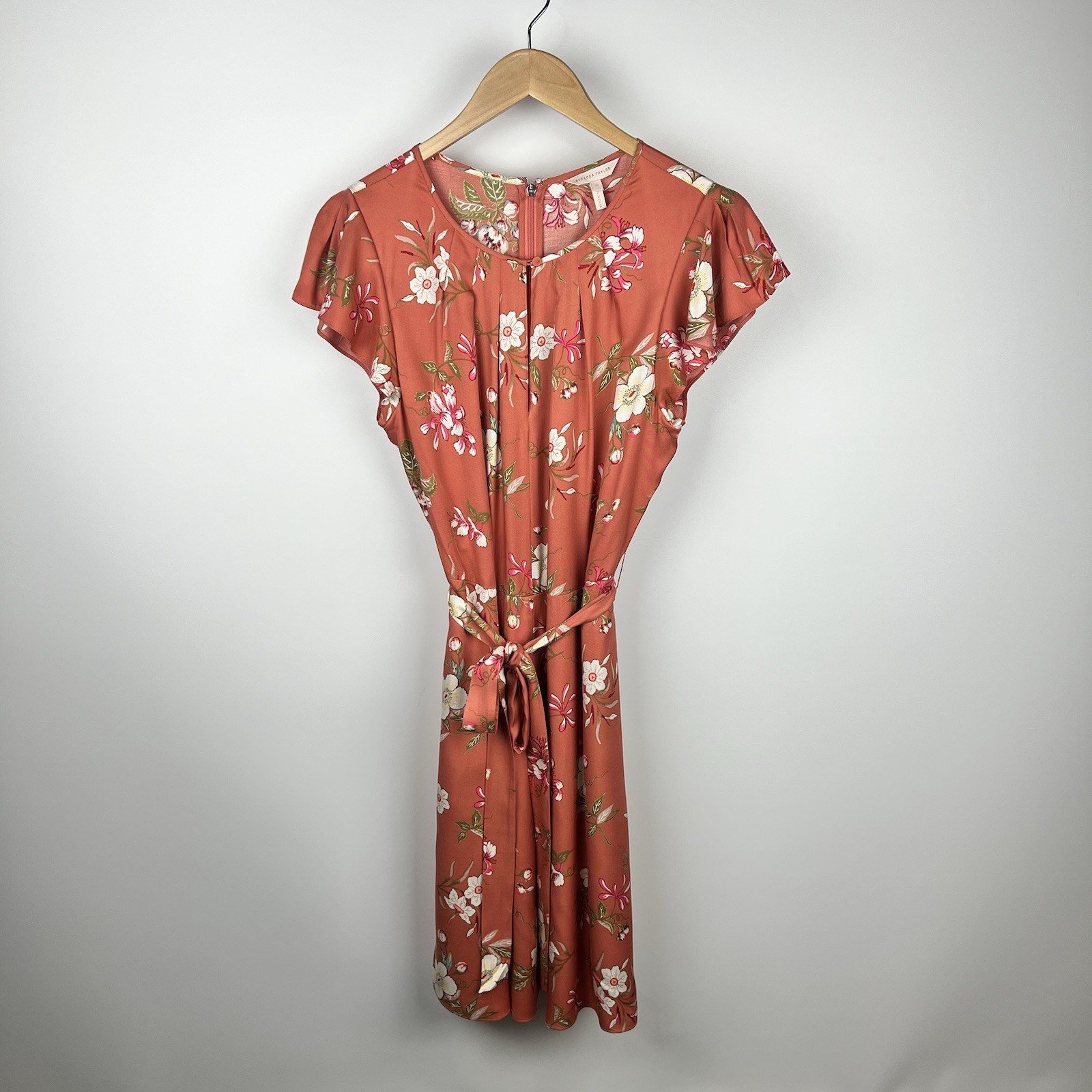 Rebecca Taylor Lita Sunset Coral Floral Silk Blend Mini Tie Waist Dress Size 10