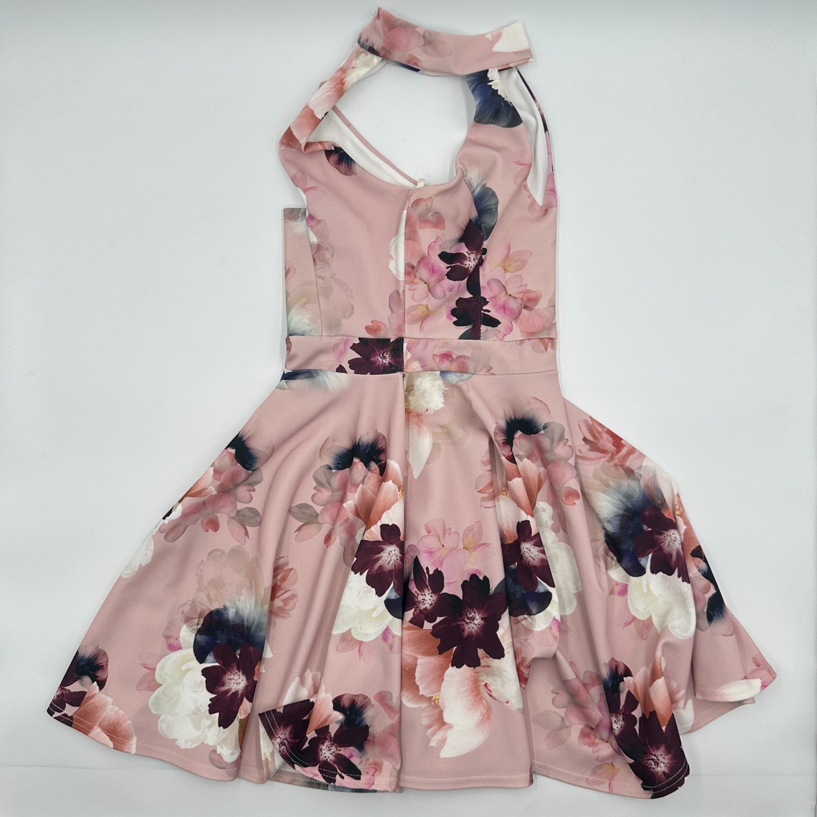 New Look Floral Halter Skater Dress Womens USA 4 Pink Choker Neck Fit & Flare