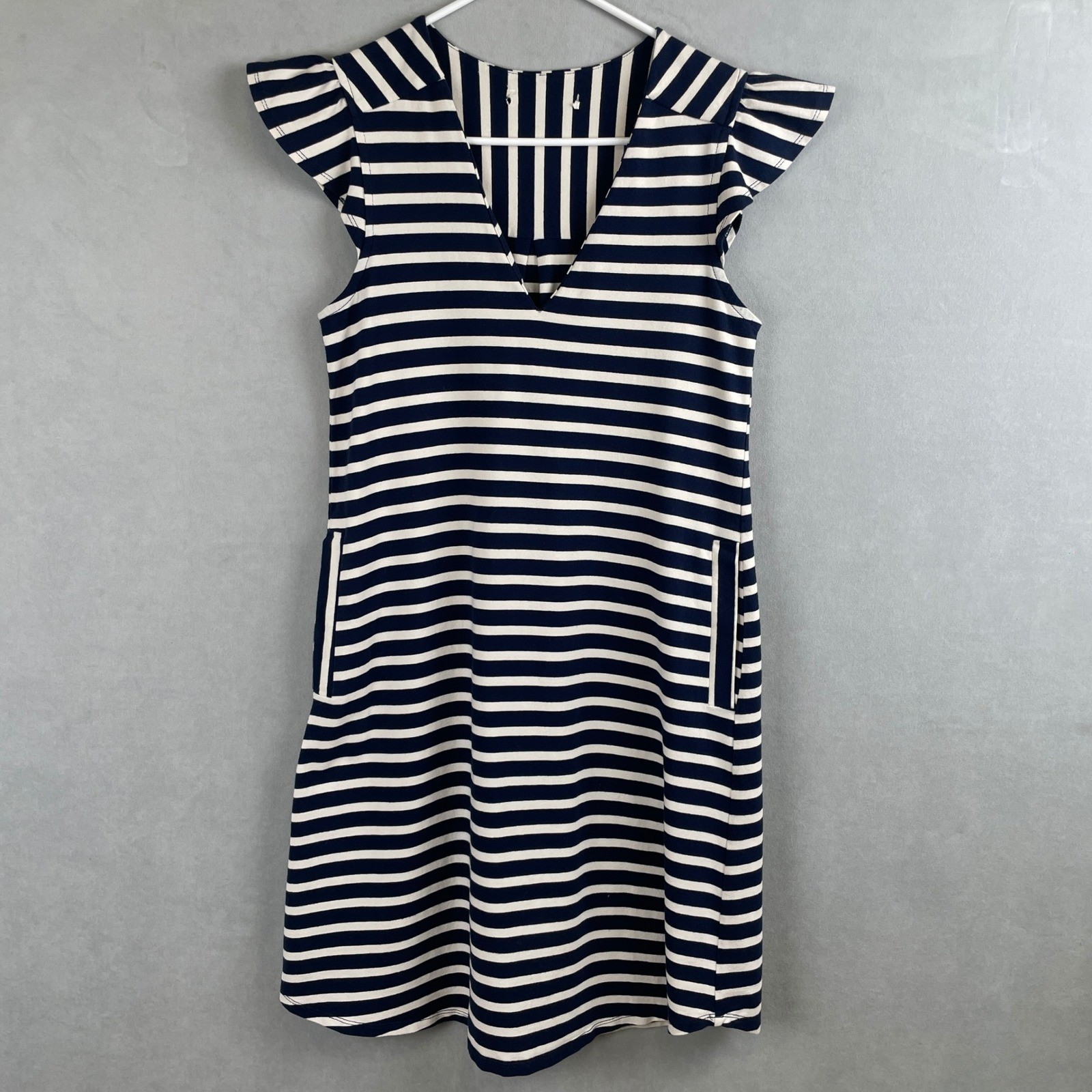 Monteau LA Navy Blue White Stripe Flutter Sleeve V-Neck Shift Dress Pockets M
