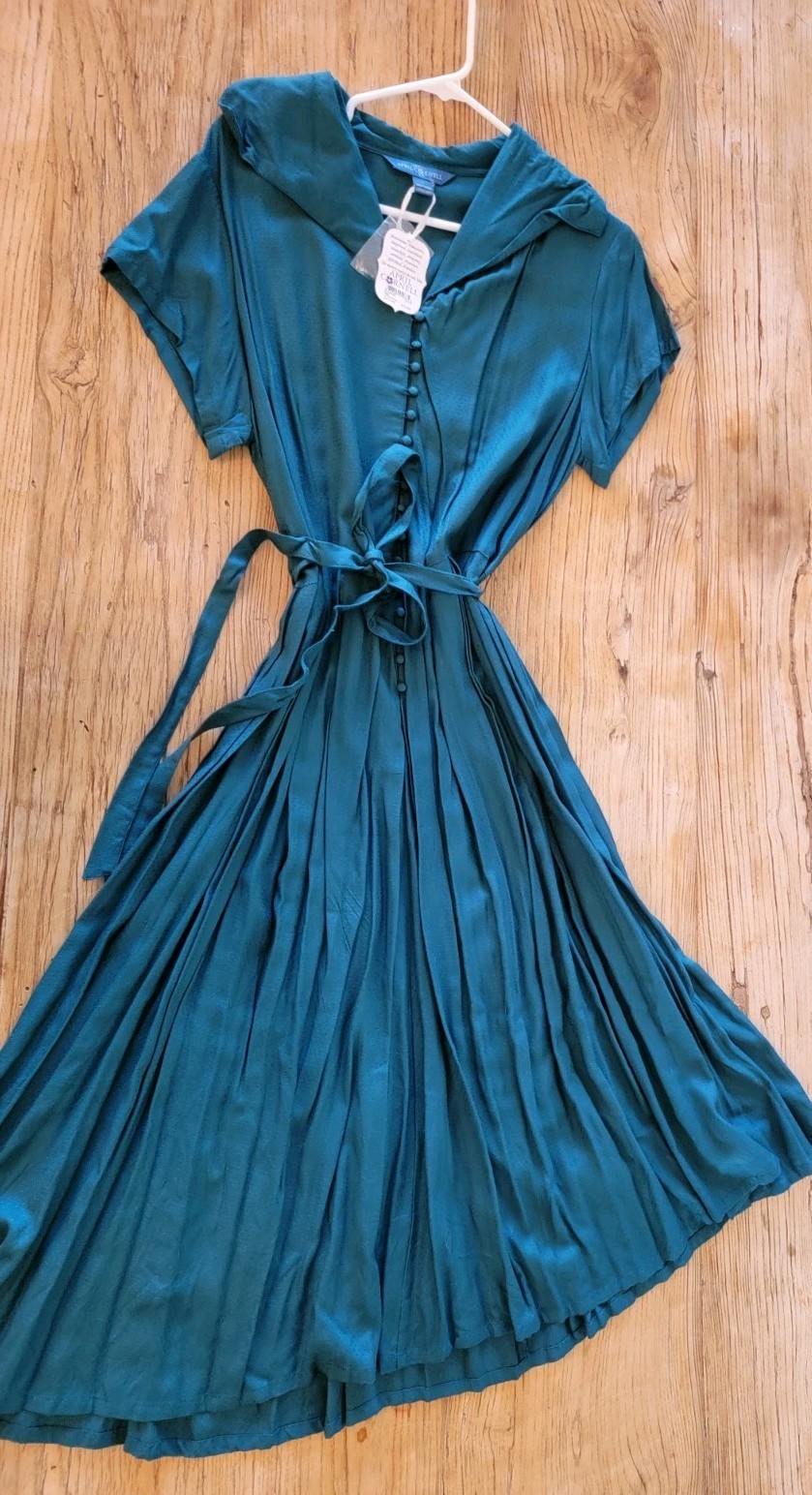 NWT Cornell Romantic Shirtdress L Midi Belted Blue Teal Fabric Covered Buttons