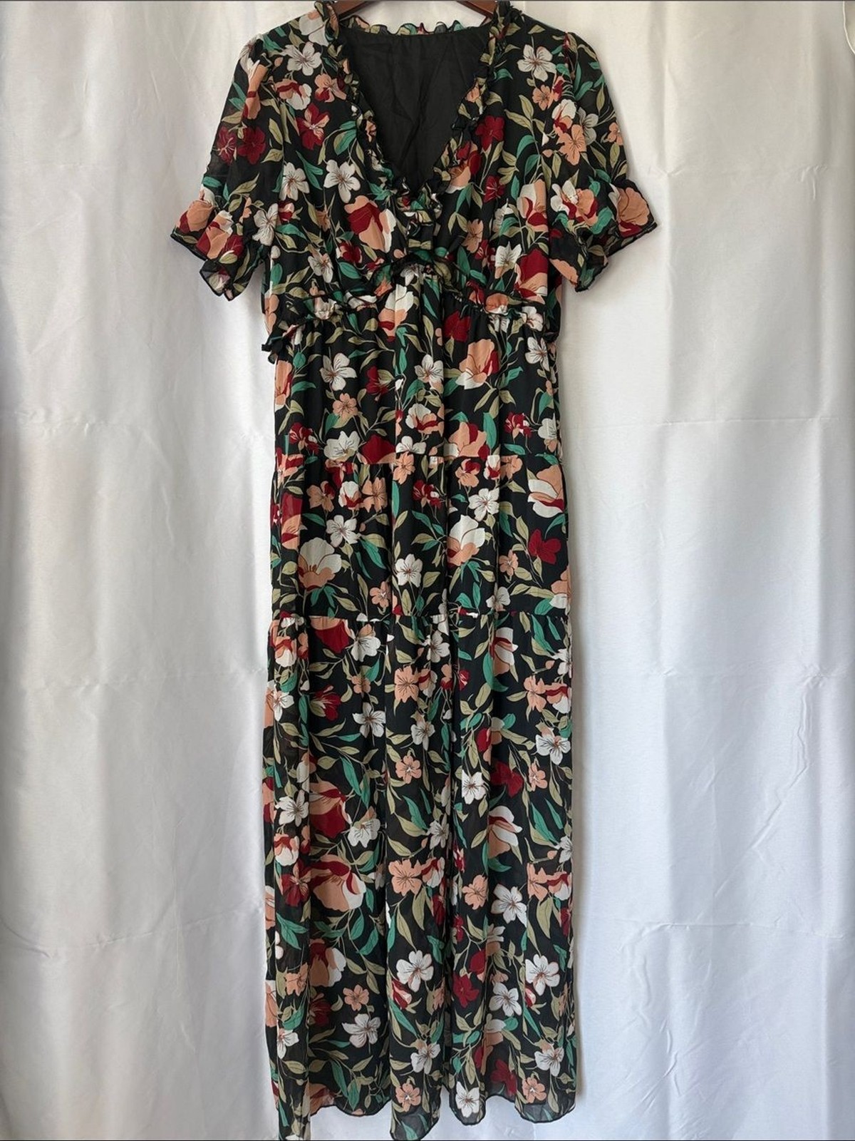 Floral Black Maxi Dress with Red & Green Accents