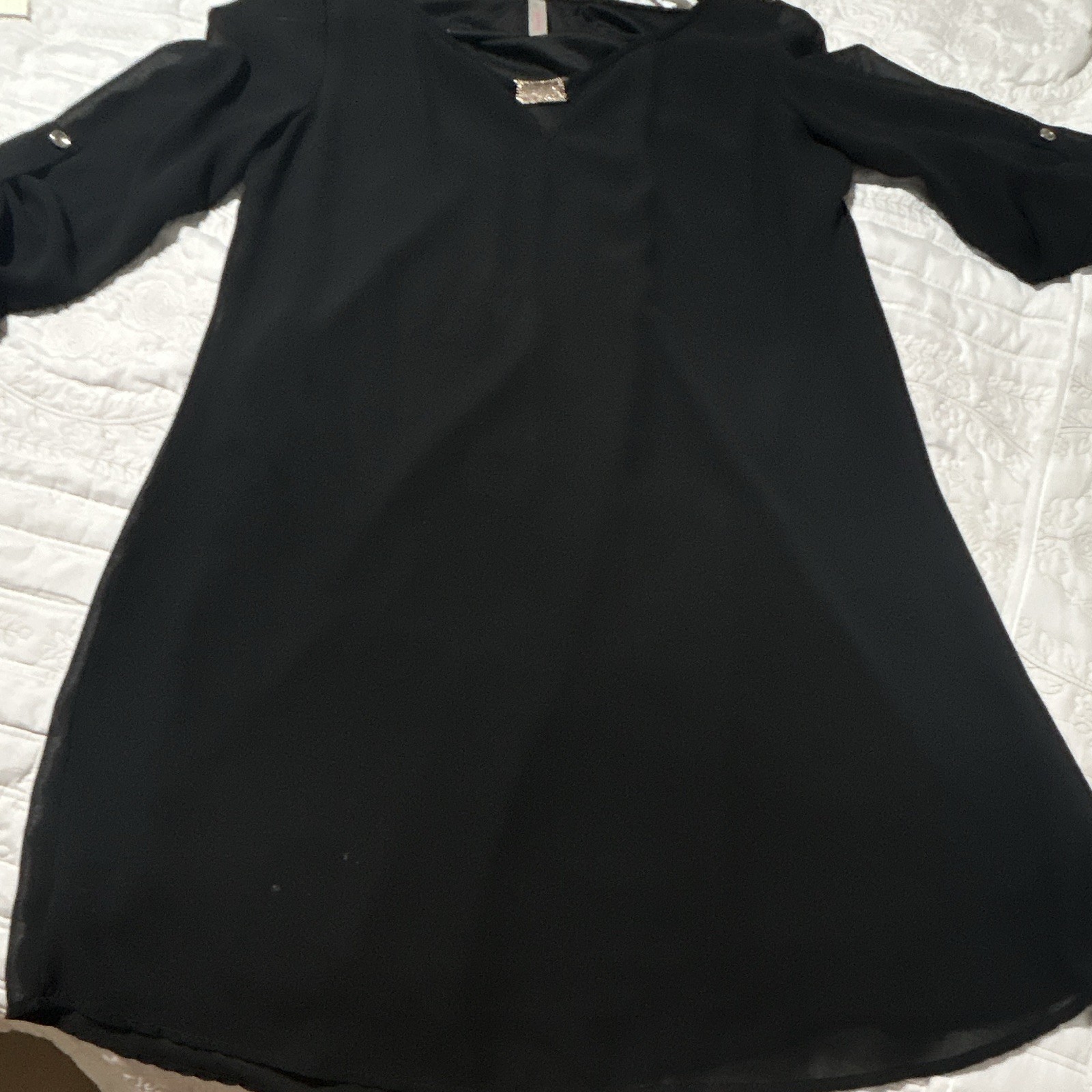 Point Women One Size Black Solid Shirt Dress V-Neck 3/4 Sleeve Metallic