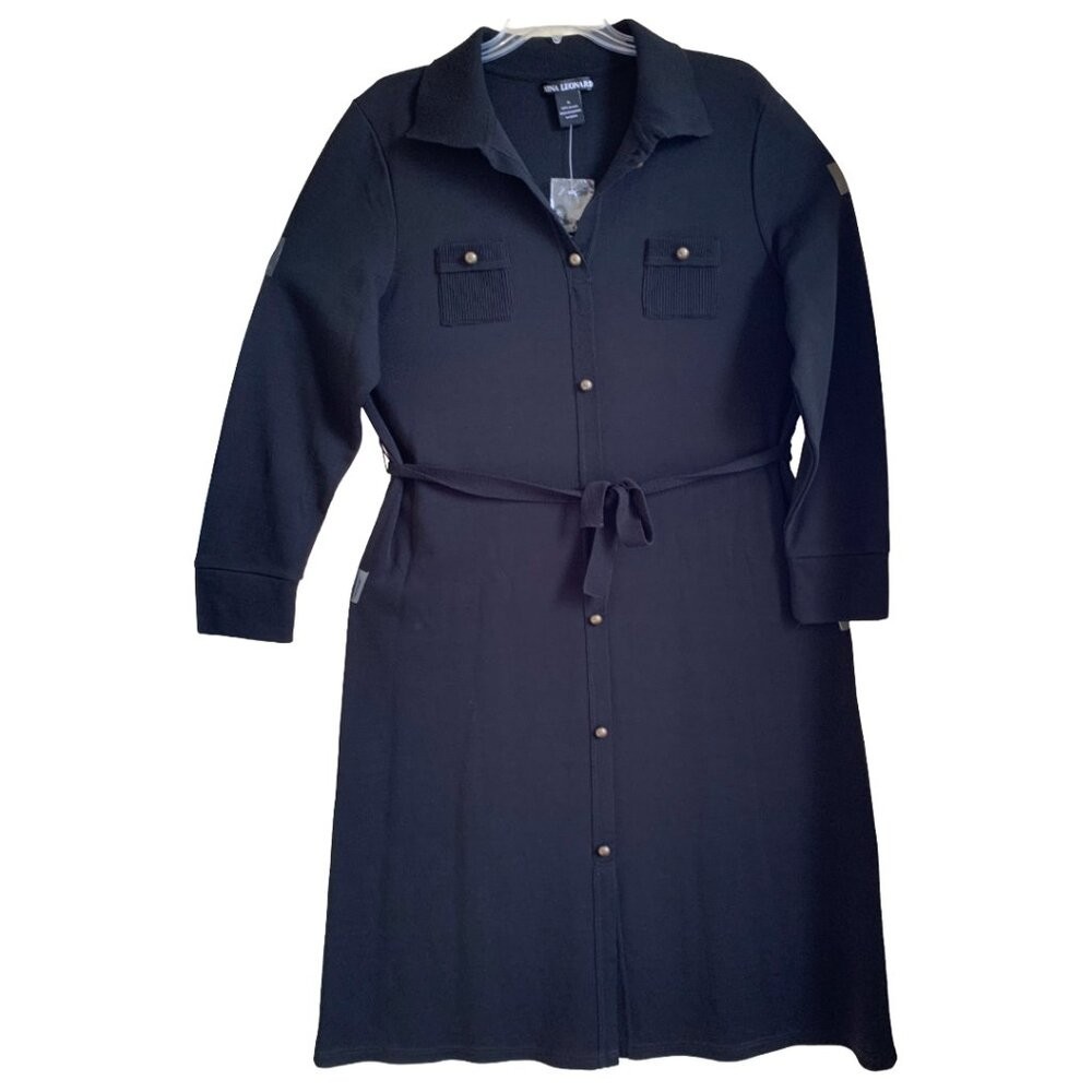 NWOT NINA LEONARD Womens’ Black Long Sleeve Belted Button Midi Sweater Dress XL