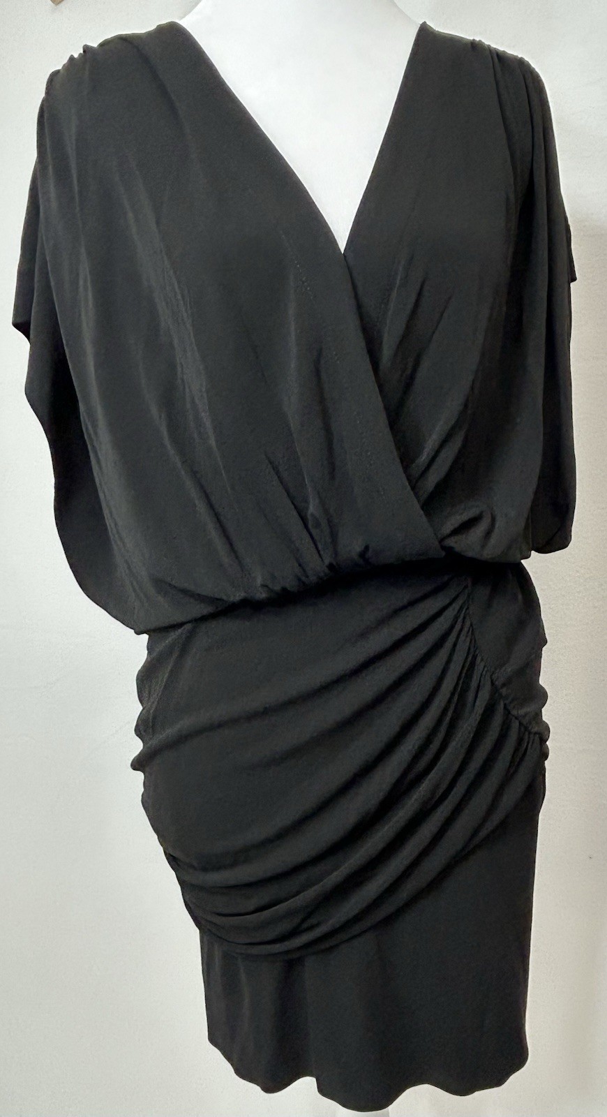 Black Draped Faux Wrap Cocktail Dress Size see pictures Ruched Open Side