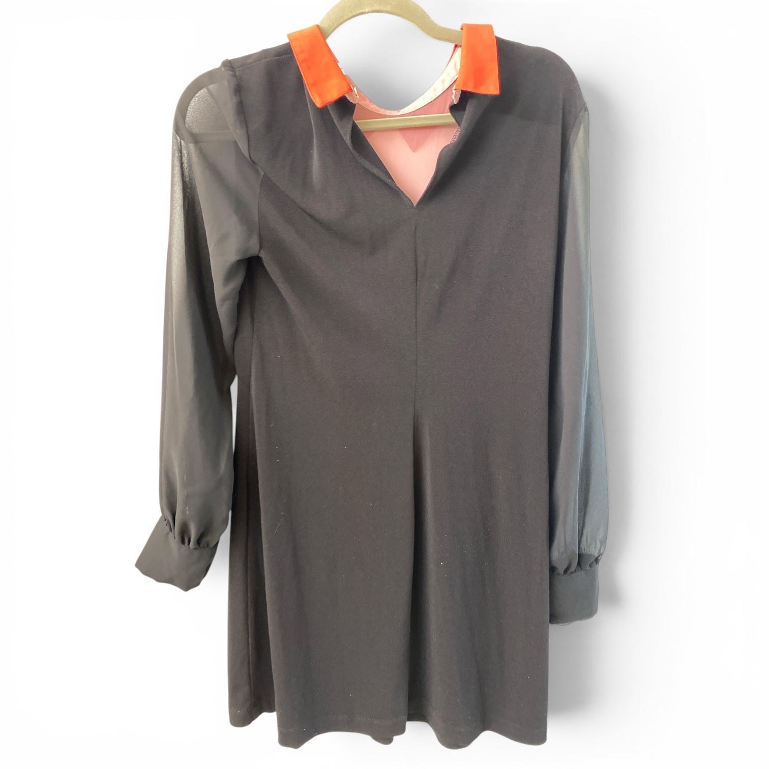 BCBGeneration Black Colorblock Sheer Sleeve Mini Dress Red Collar Pink Mesh Smal