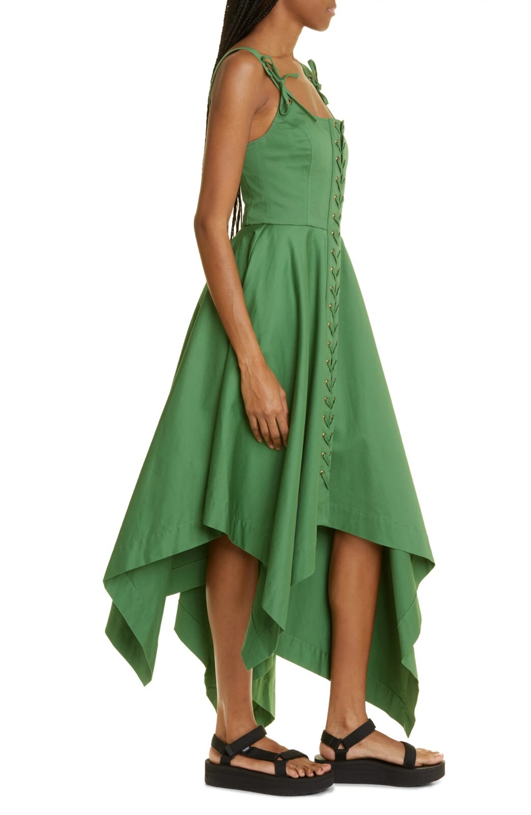 MONSE Laced Front Asymmetric Stretch Cotton Midi Dress Green Sz 10 Org $1,290