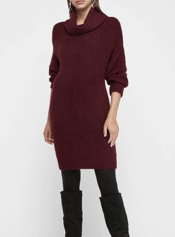 Express Ribbed Cowl Neck Shift Sweater Dress Small GUC Maroon Jewel Tone