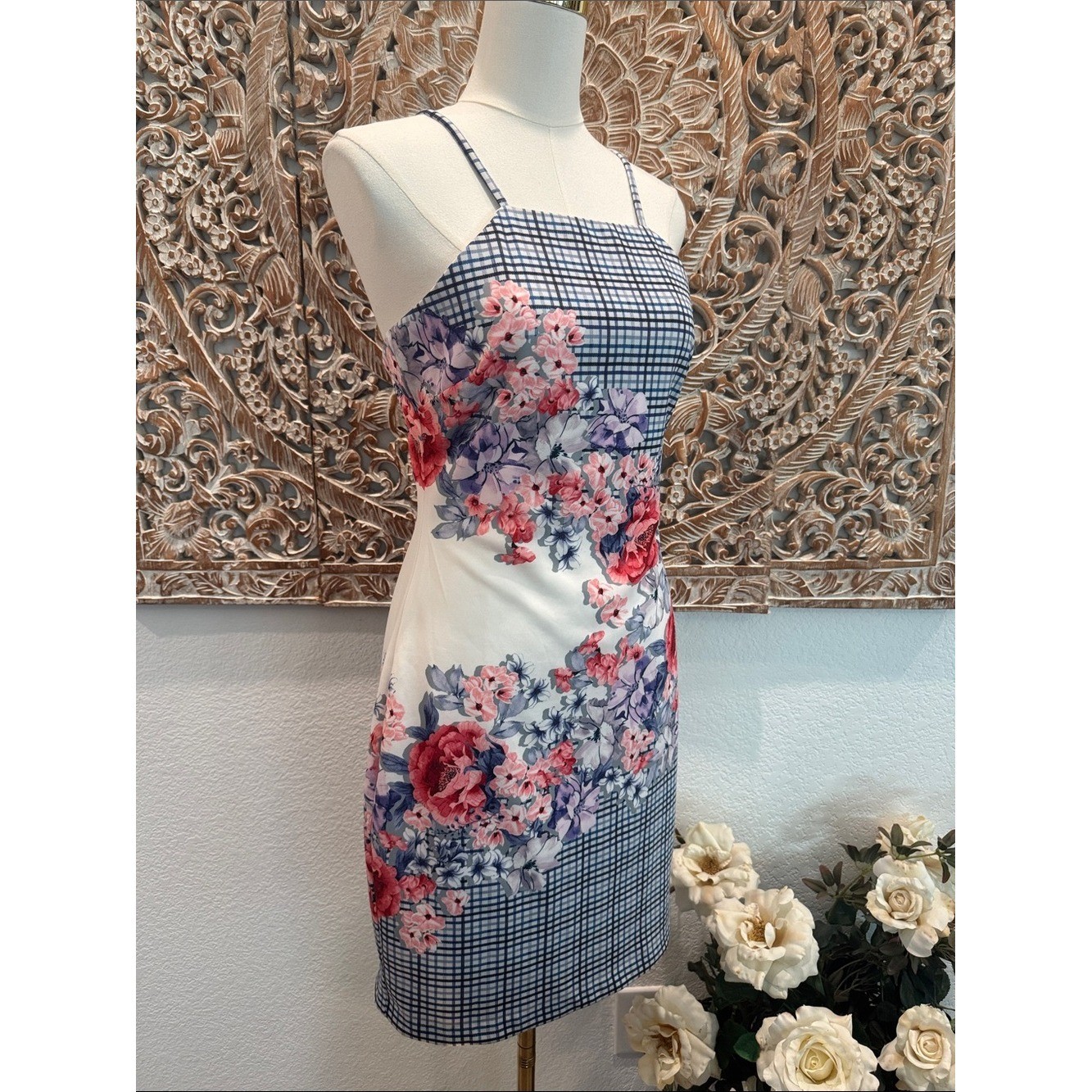 Guess Bodycon Mini Dress Floral & Gingham, Spaghetti Straps- size 10