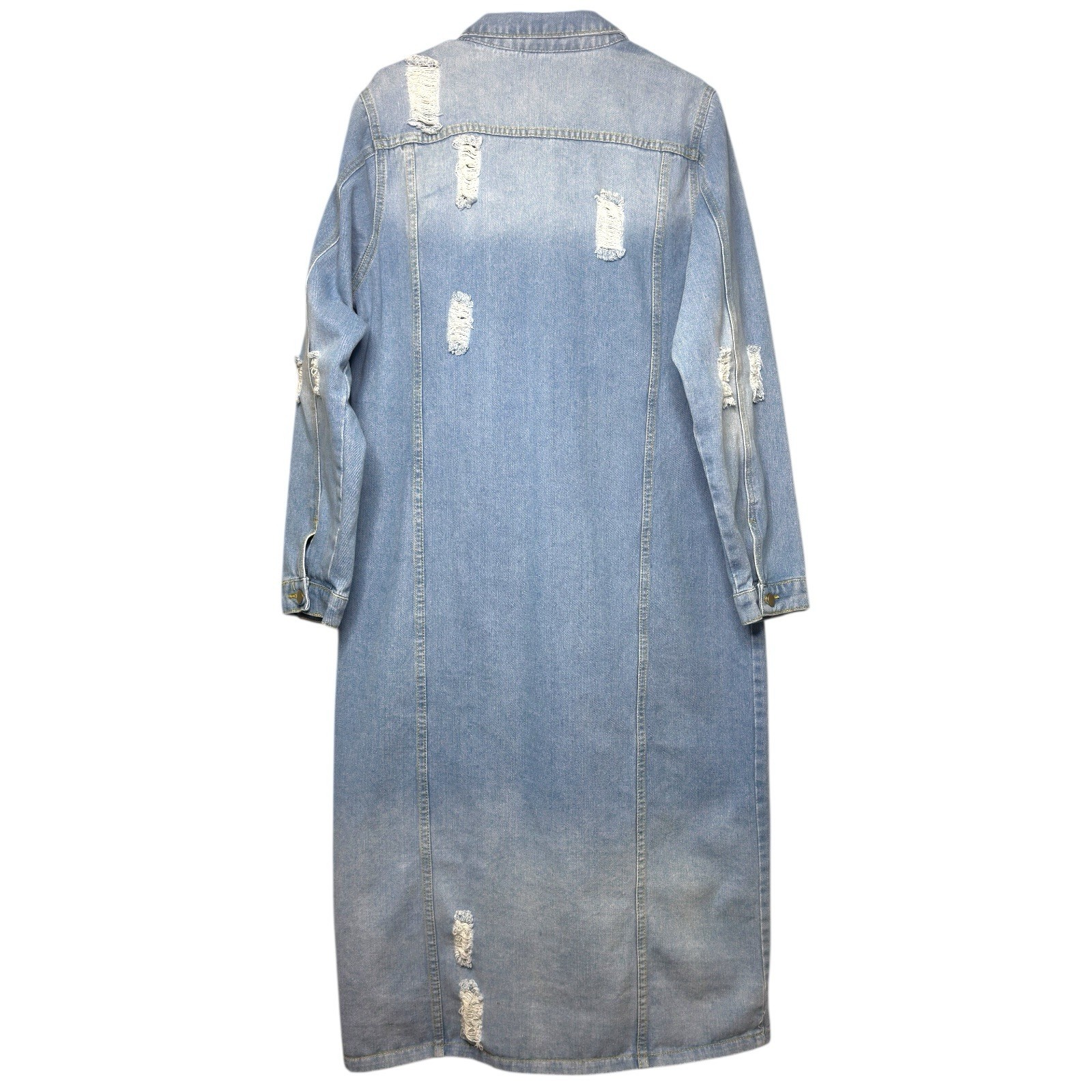 Women’s Long Sleeve Button Down Medium Wash Maxi Dress Size XL Distressed