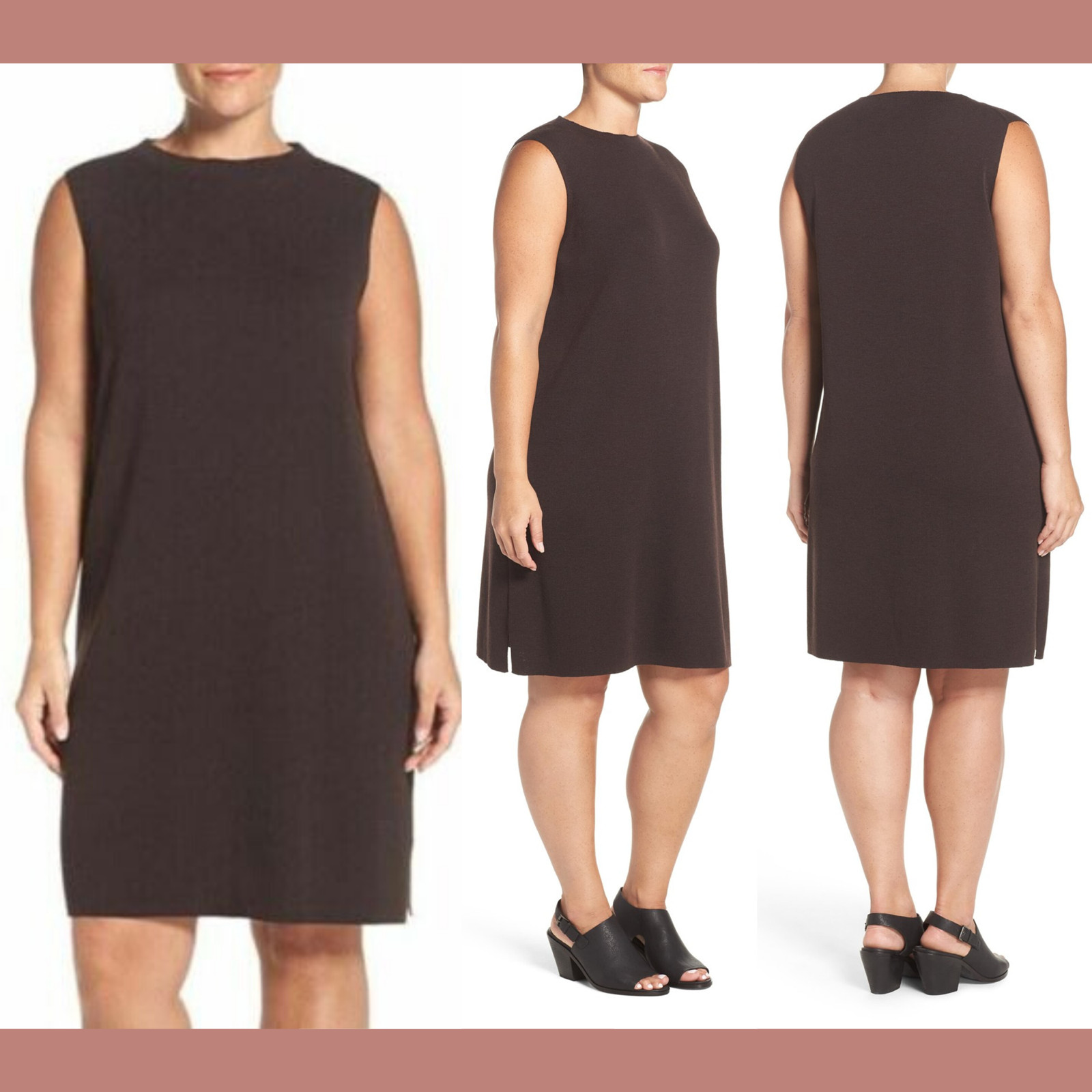 NWT Eileen Fisher Wool Crepe Funnel Neck Shift Dress Clove Brown [SZ 2X ] #M808