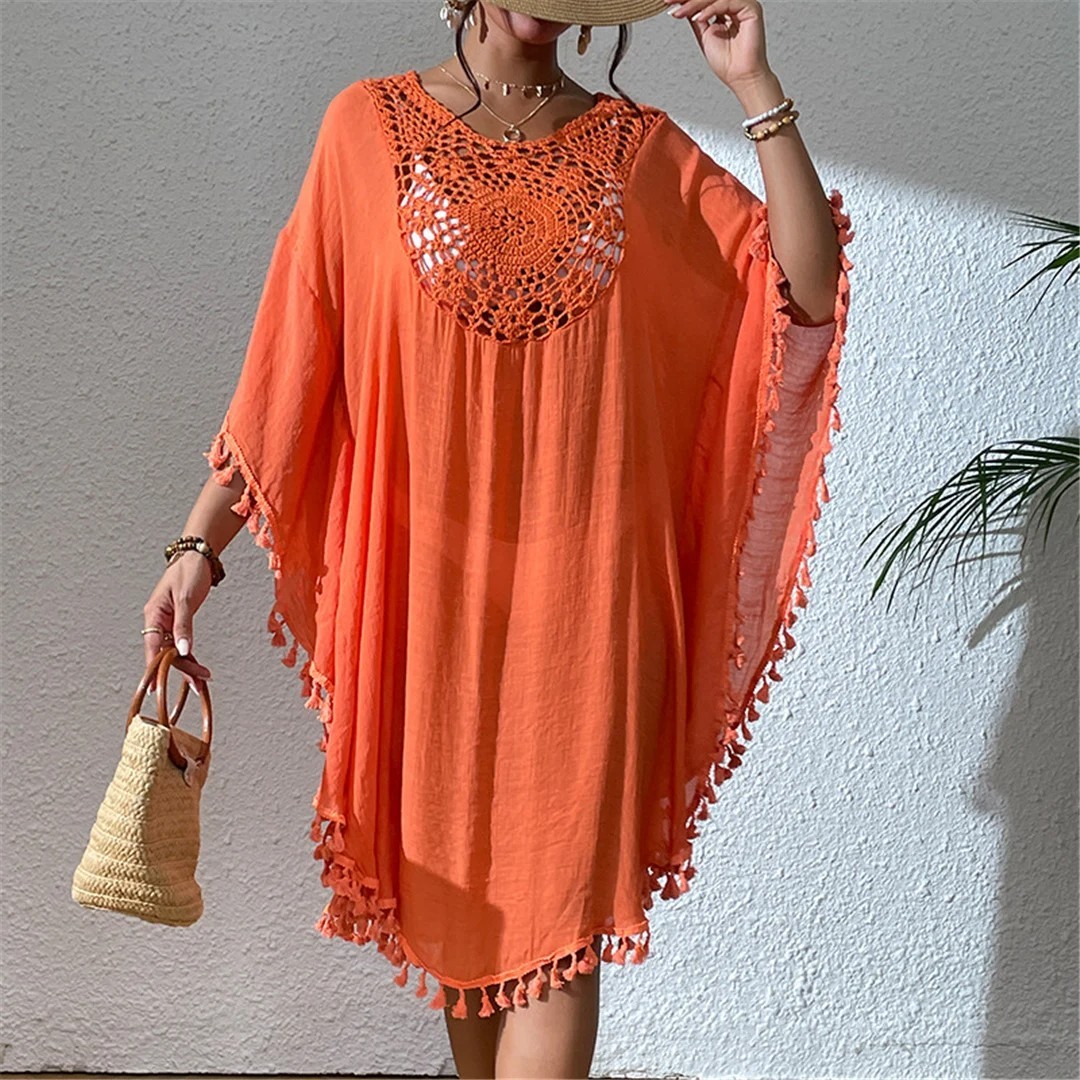 New Fringe Tassel Embroidery Half Sleeve Tunic Beach Cover Up Beach Dress