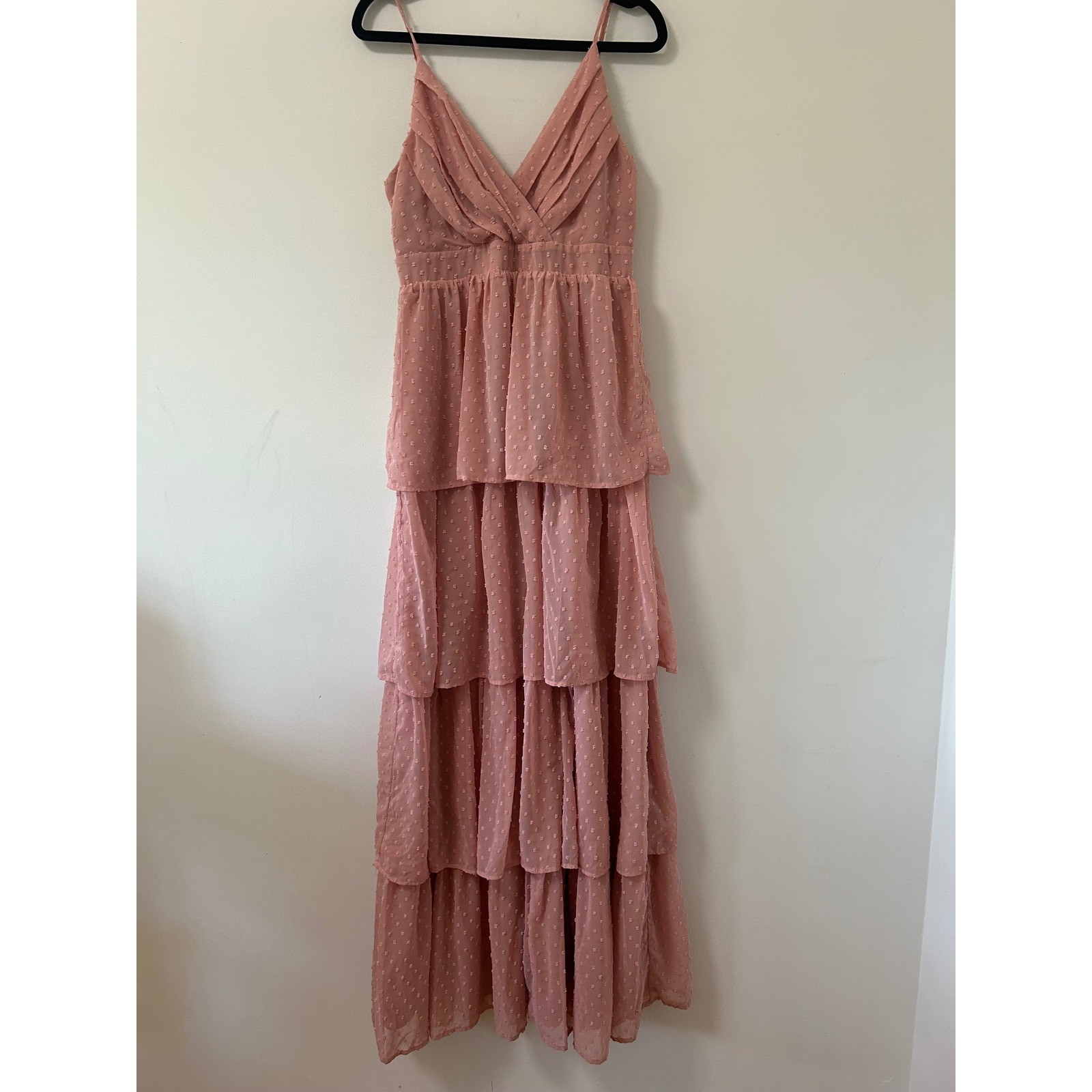 Lulus Dusty Rose Swiss Dot Tiered Maxi Dress Pleated V-Neck Pink Size L