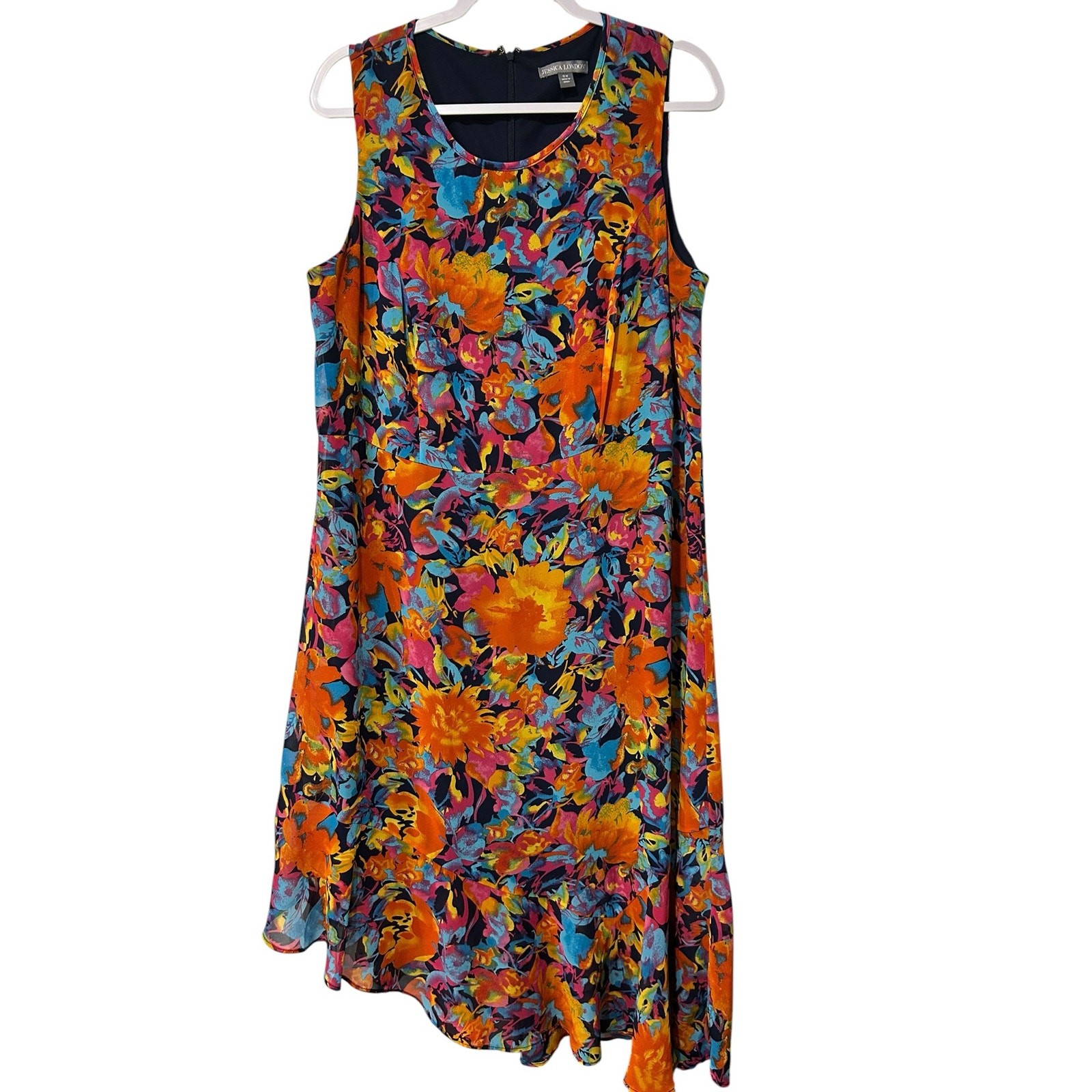 Jessica London Asymmetric Ruffle Hem Watercolor Midi Dress Sleeveless 16W Boho