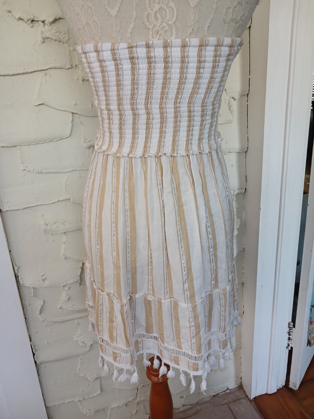 Blue Island Stripe Ruffle Smoked Strapless Boho Mini Dress Size M Fringe Festive