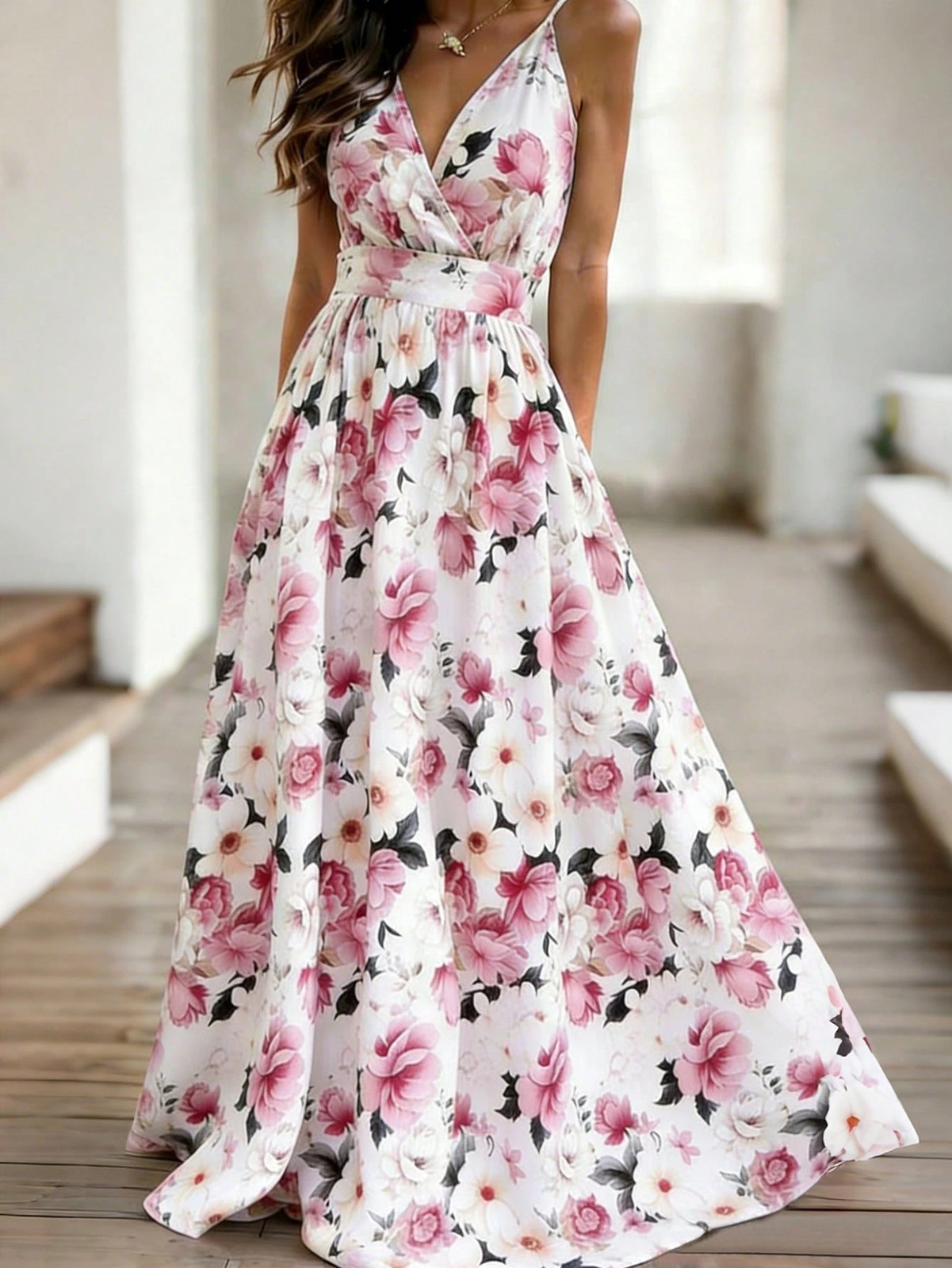 Ladies Floral V Neck Maxi Dress With Waist Belt