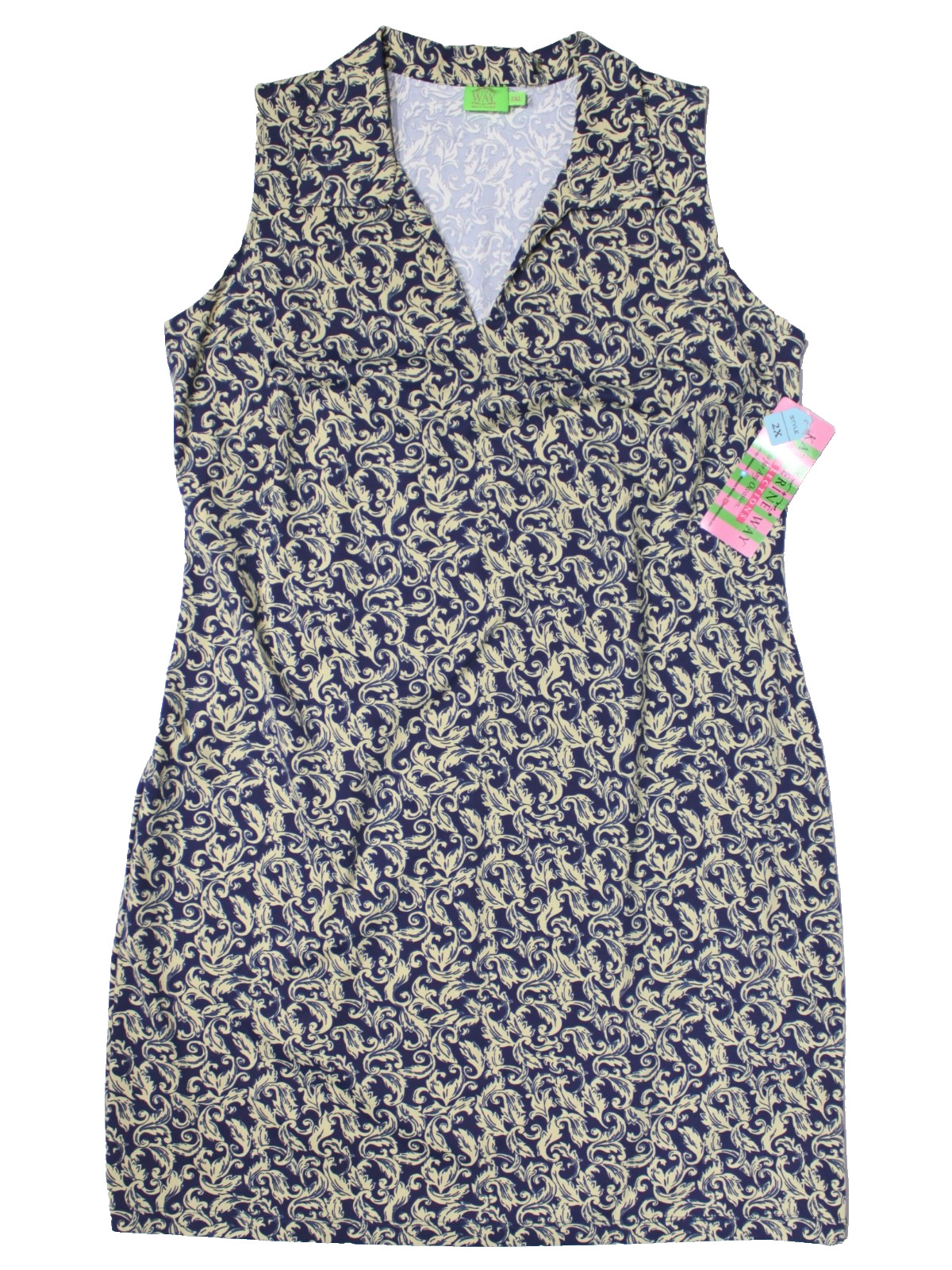 NWT Katherine Way Navy Blue Gold Floral Dress UPF 50+ Stretch Made USA Women 2XL