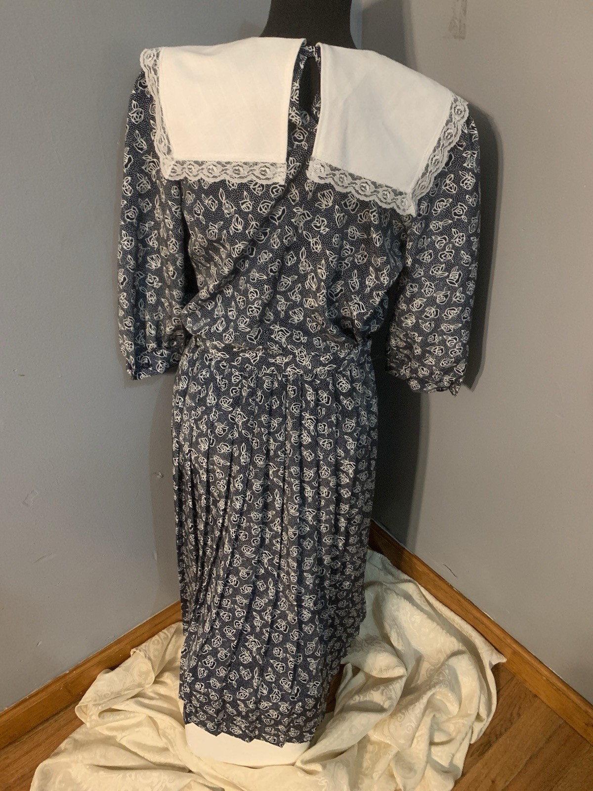 VTG 80s Breli II Lace Collar Cottage Core Prairie Dress Blue White Floral Sz 8