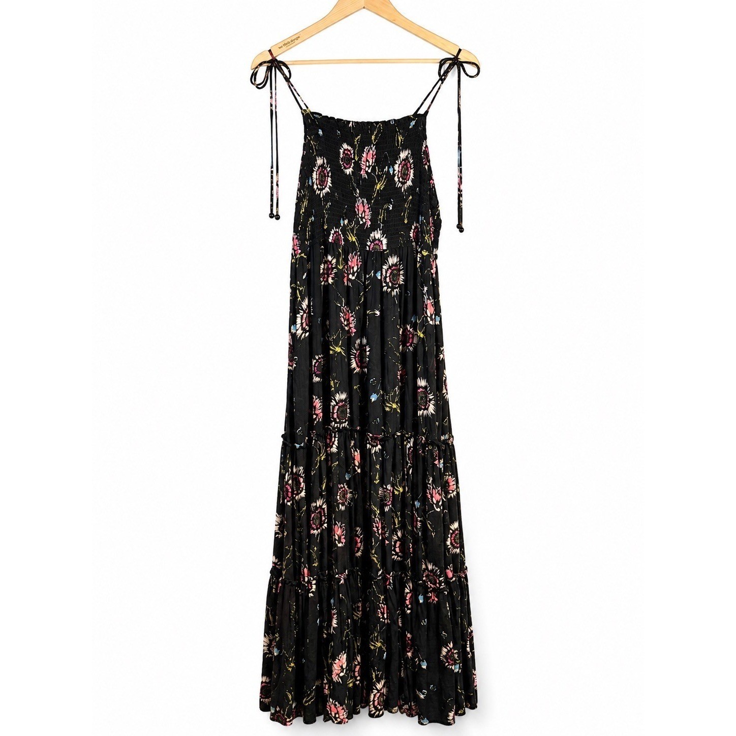 Free People Intimately Maxi Dress Floral Smocked Tie Strap Boho Womens LG Black