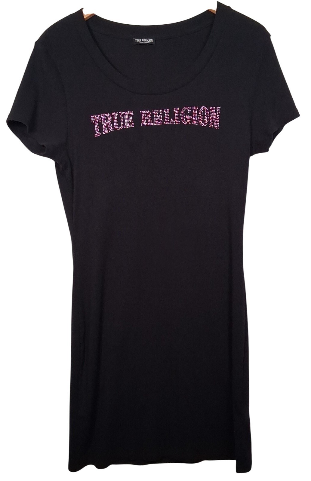 True Religion Dress Ribbed Black Knit Knee Length Pink Rhinestone Bling READ