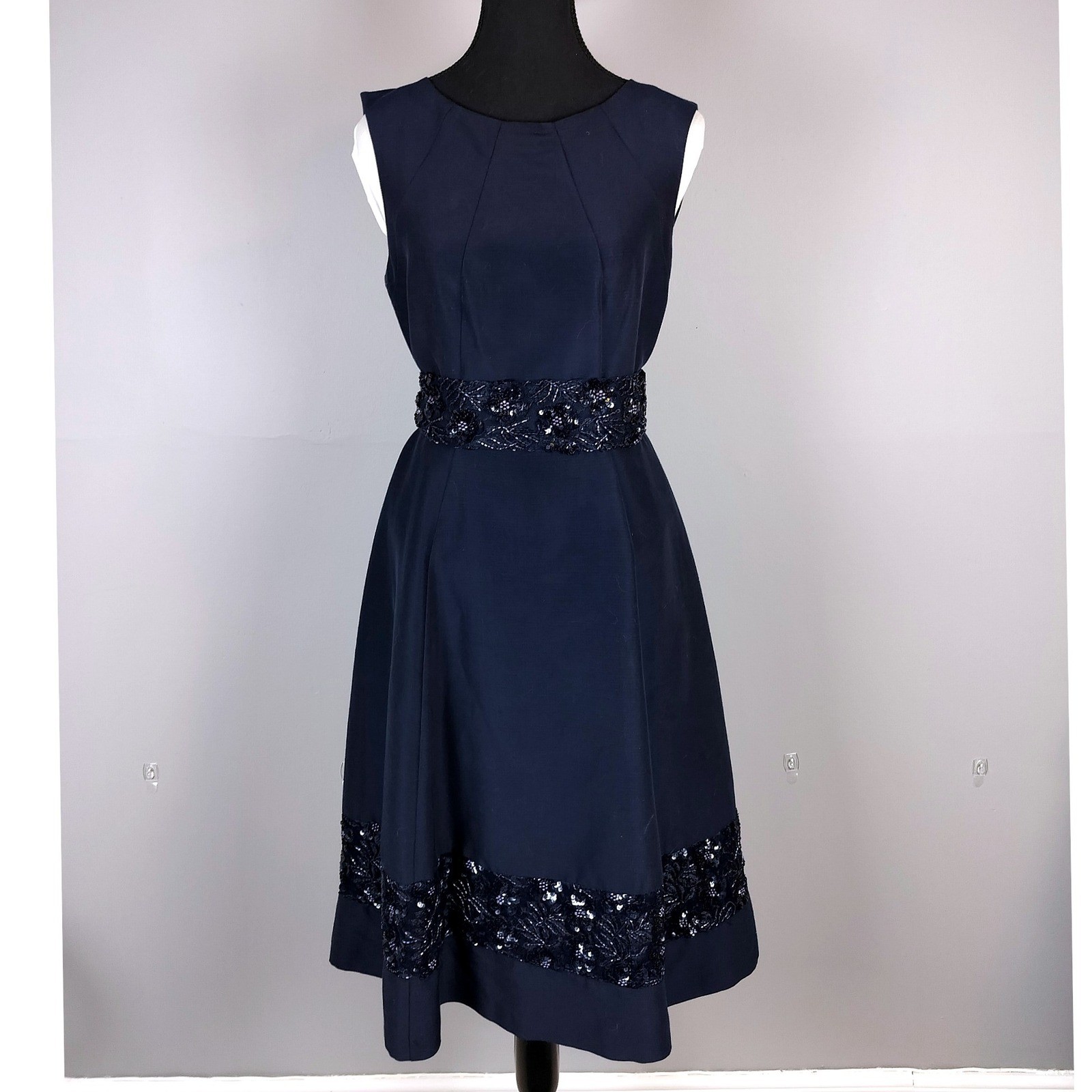 Talbots Cotton Silk Sequin Beaded Fit and Flare Dress Navy Blue Midi Sash