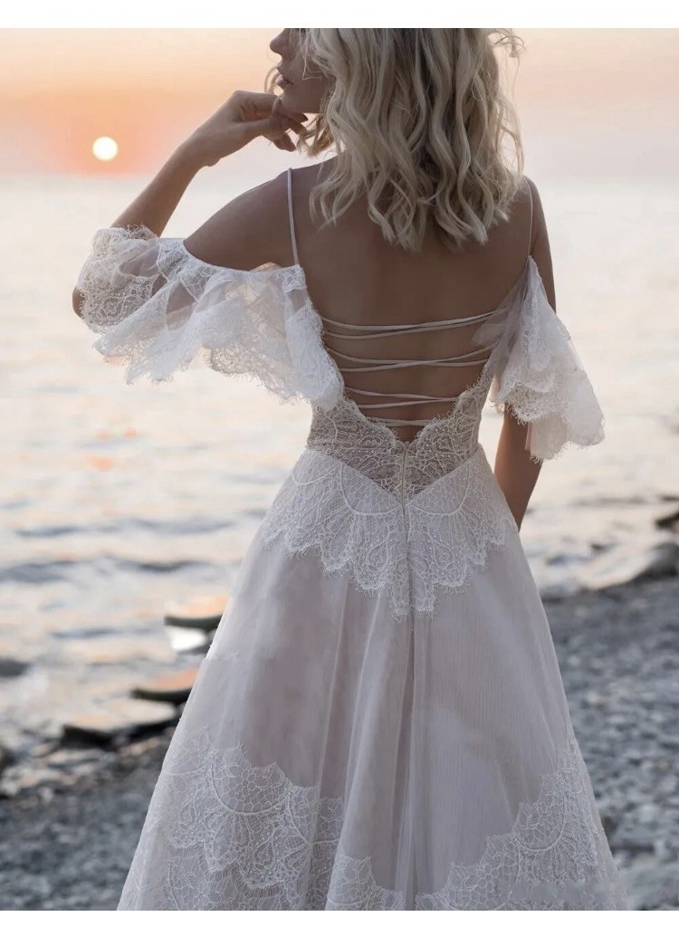 Bohemian Style A Line Beach Wedding Dress Handmade Applique Prom Ball Gown