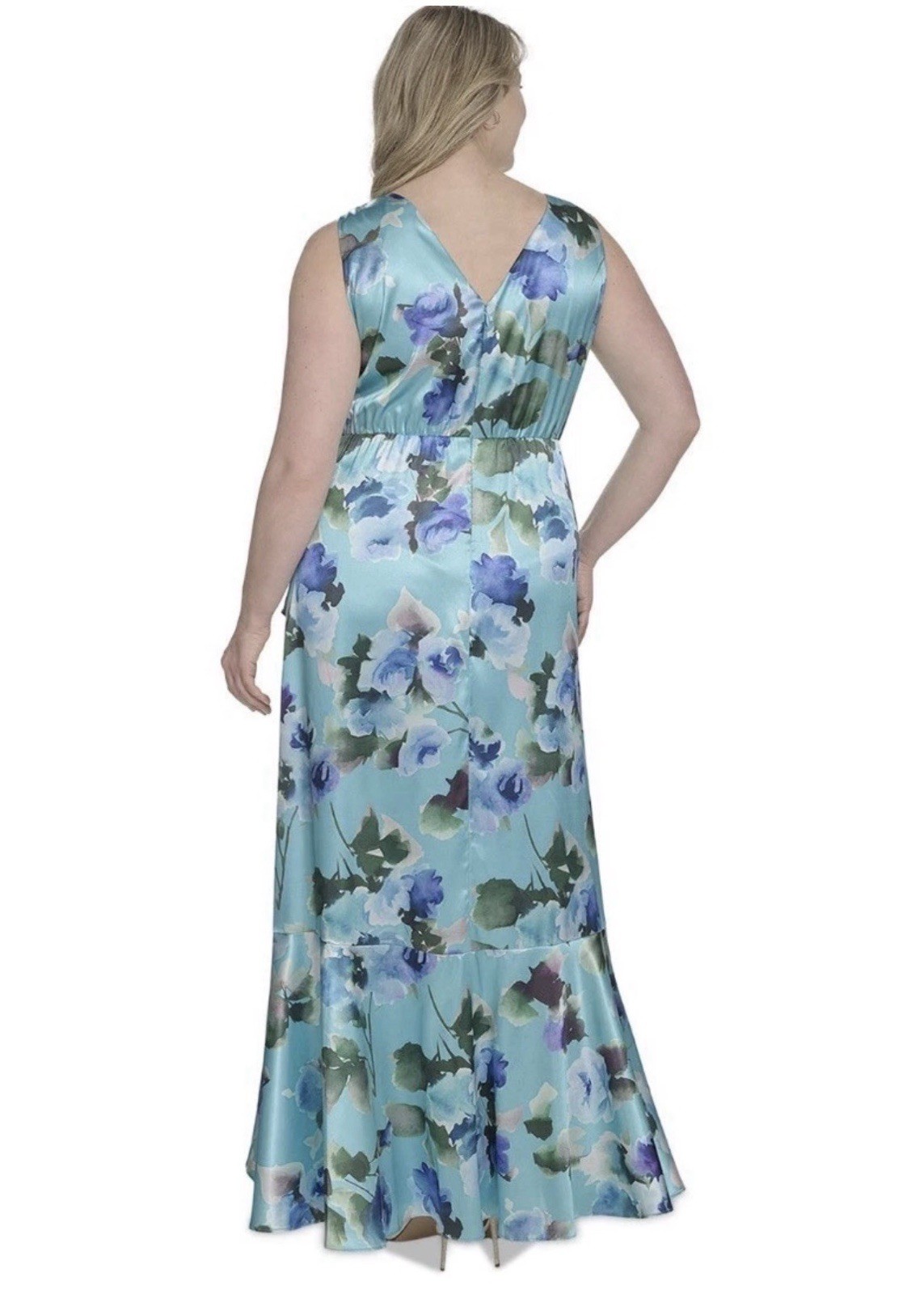 NWT Eliza J Plus aqua floral satin high low ruffle hem surplice bodice dress