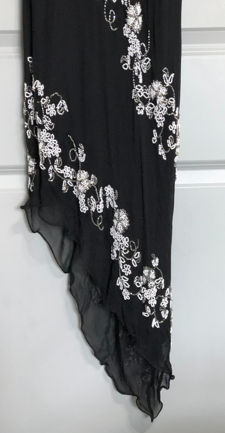 Vintage SCALA 100% Silk Beaded Dress Black Floral Asymmetric Hem Prom Formal L.