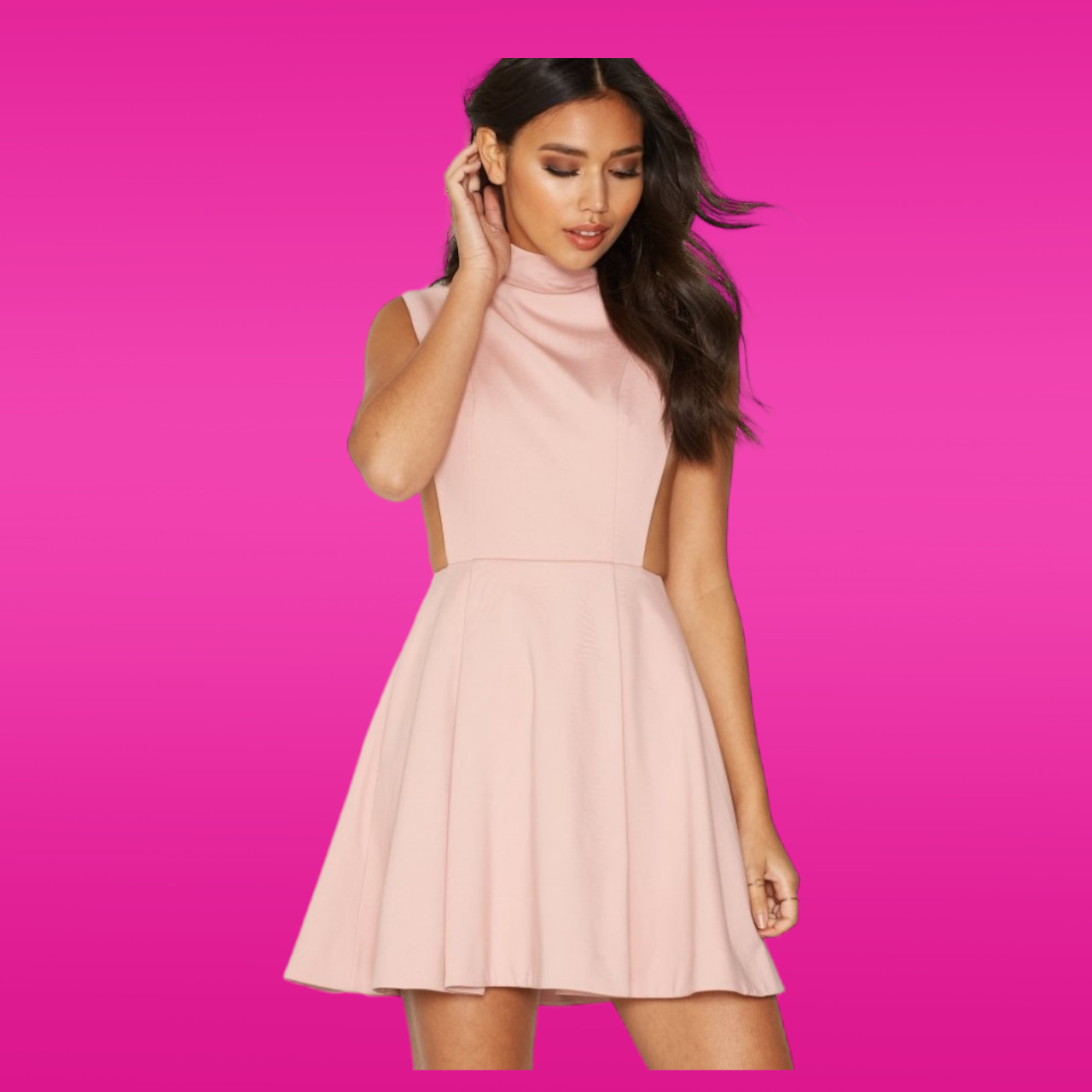 BNWT Womens AQ/AQ Sorah High Neck Mini Dress Pale Pink Open Side UK 8 RRP £159
