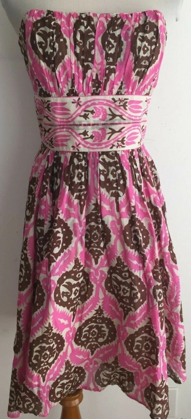 Plenty by Tracy Reese Cotton/Silk Strapless Dress Beige Fuchsia & Brown Size 12