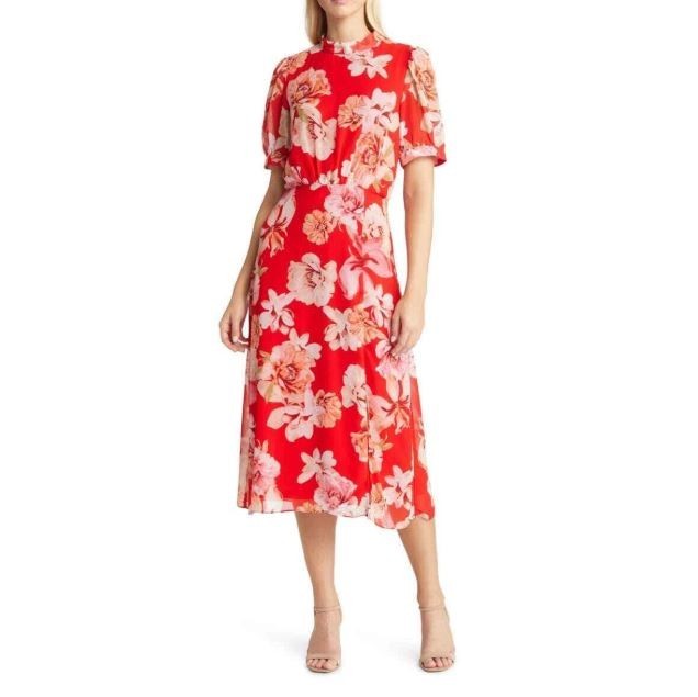 Julia Jordan Floral Print Puff Sleeve Mock Neck Midi Dress Size 12 Red Multi NWT