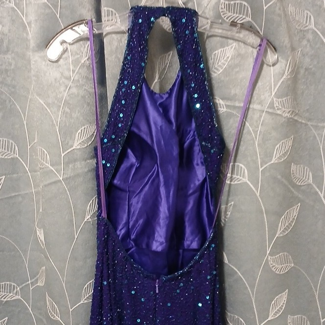 Scala Purple Beaded Sequin Halter Open Back Long Maxi Dress Formal S